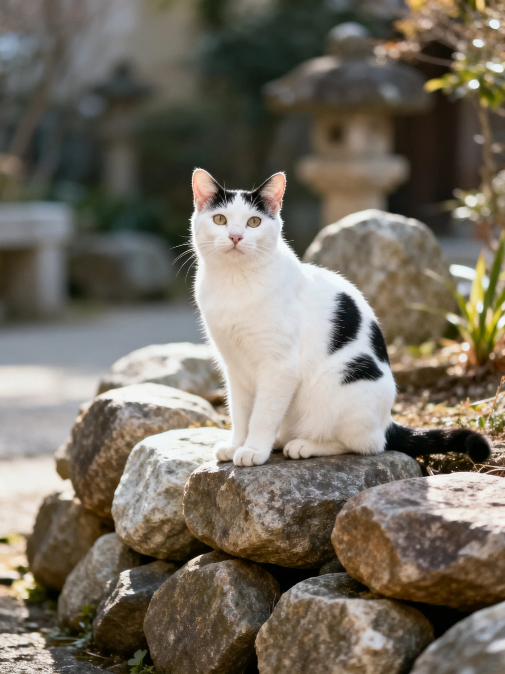 A black-and-white cat sits atop weathered stones near stone lanterns