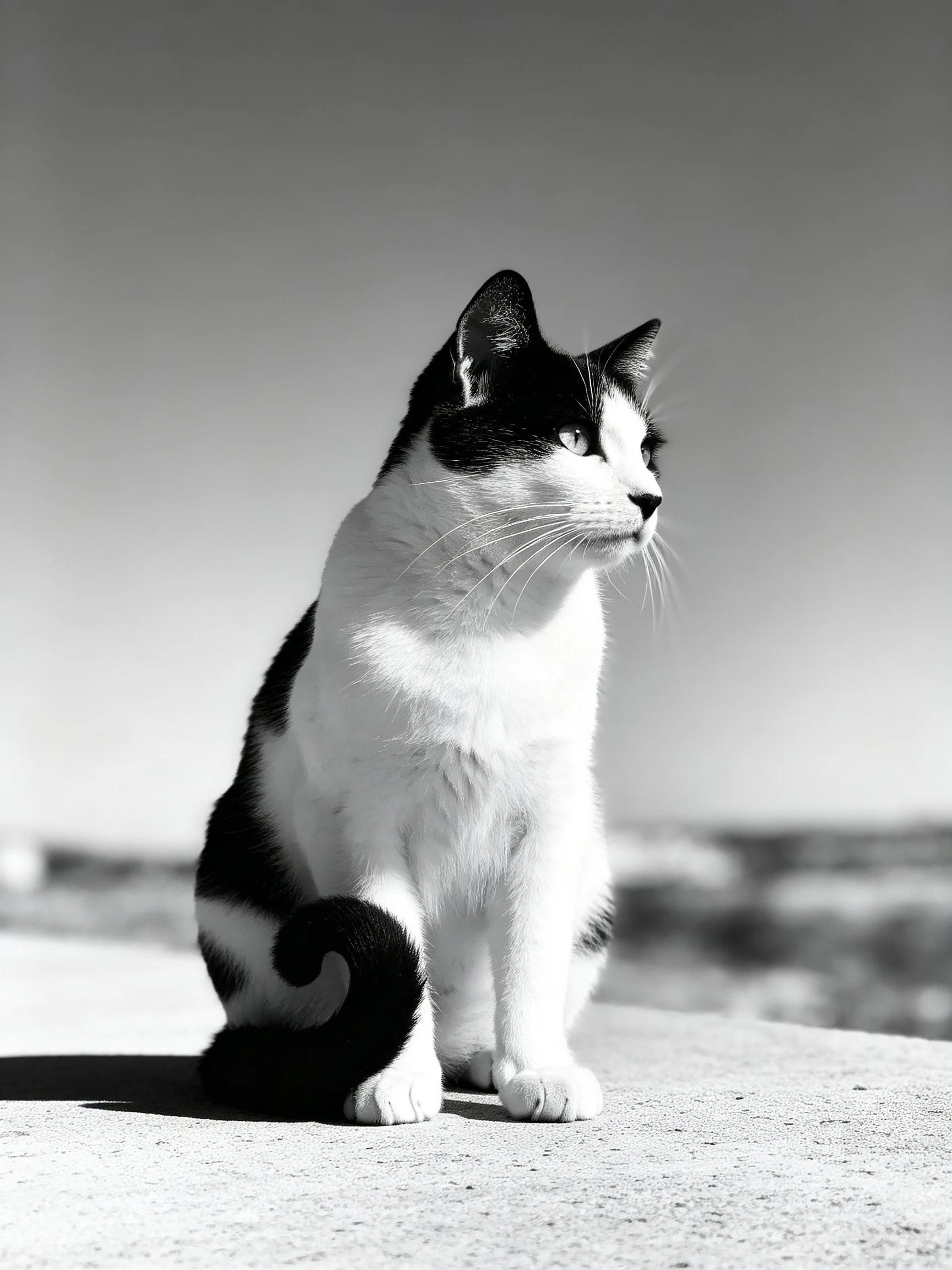 A black - and - white cat sits attentively on a concrete surface