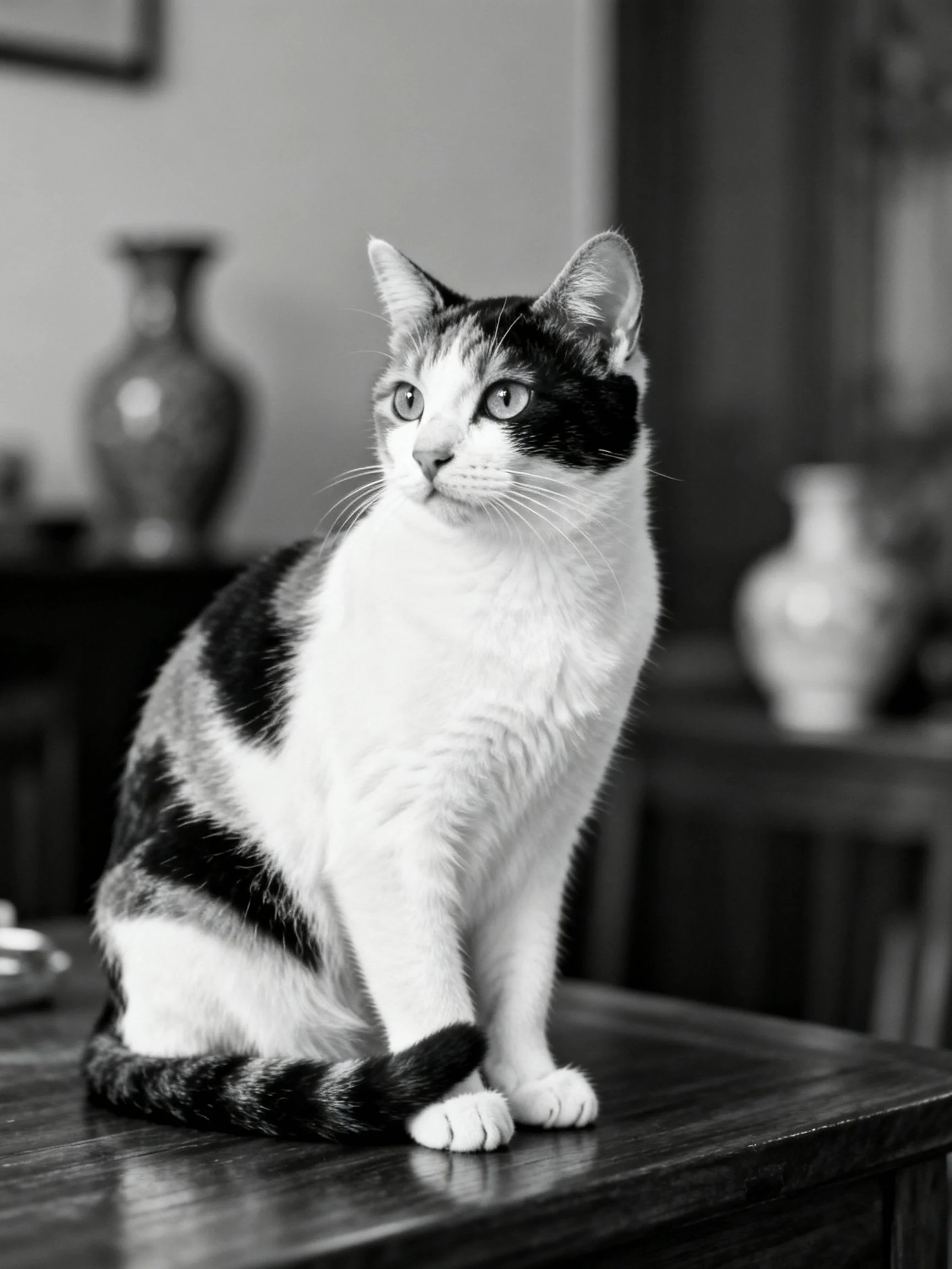 A black - and - white cat sits attentively on a wooden table