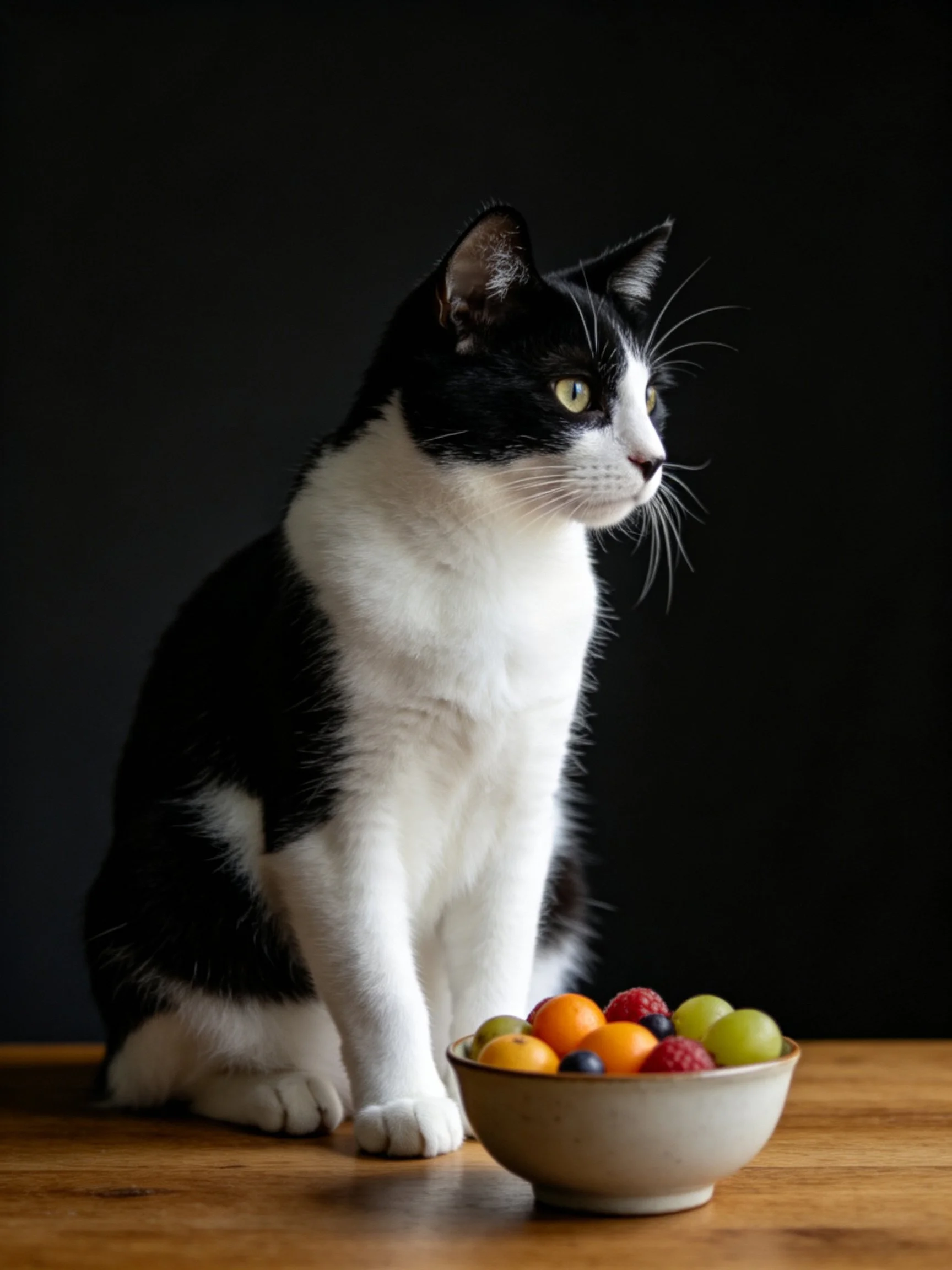 A black - and - white cat sits beside a bowl of assorted fruits