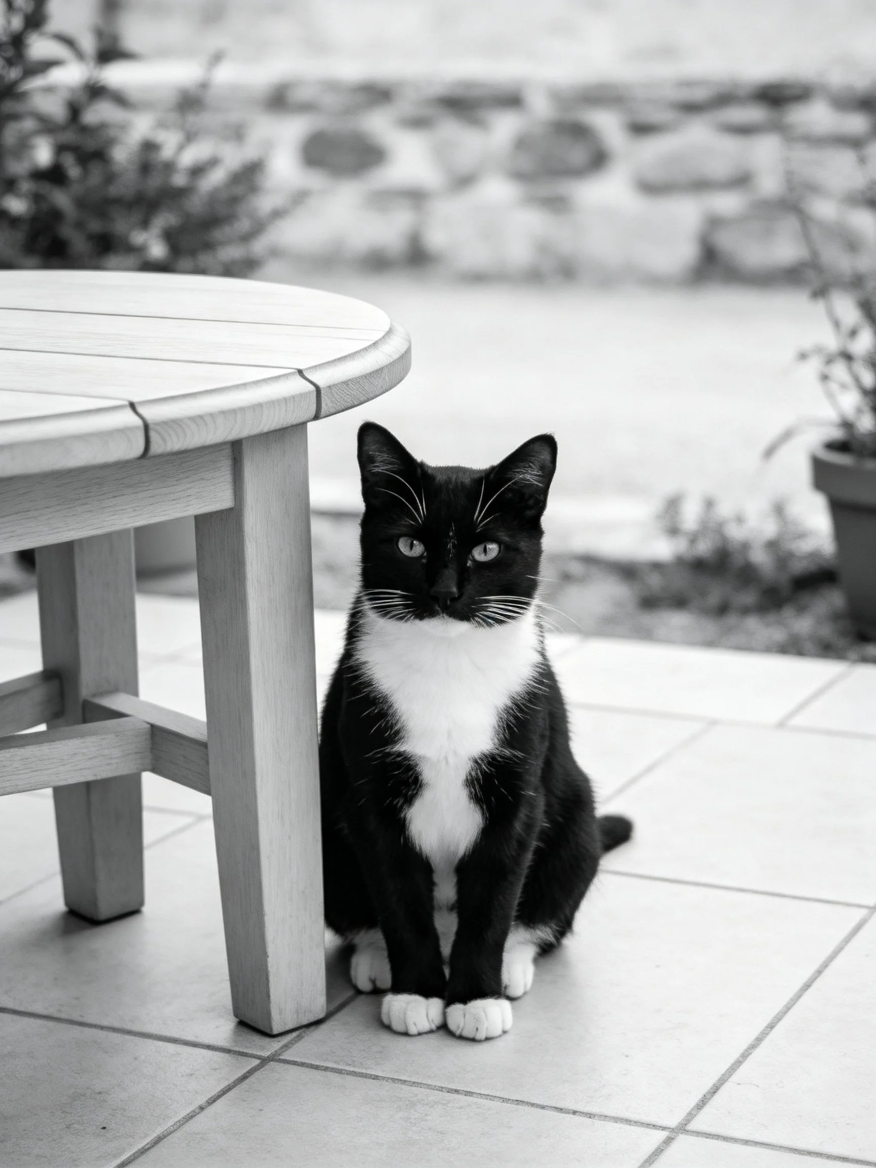 A black and white cat sits beside a round wooden table on tiled flooring