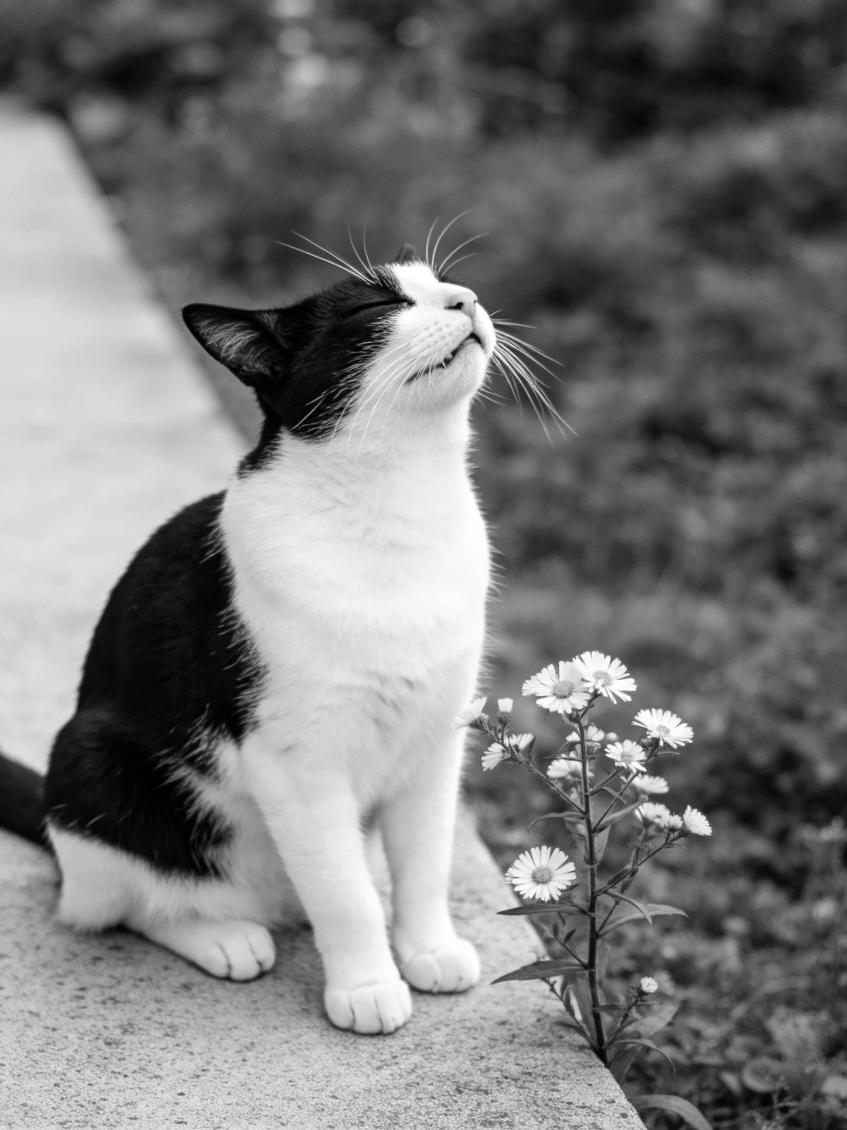 A black - and - white cat sits beside small daisies on a concrete path