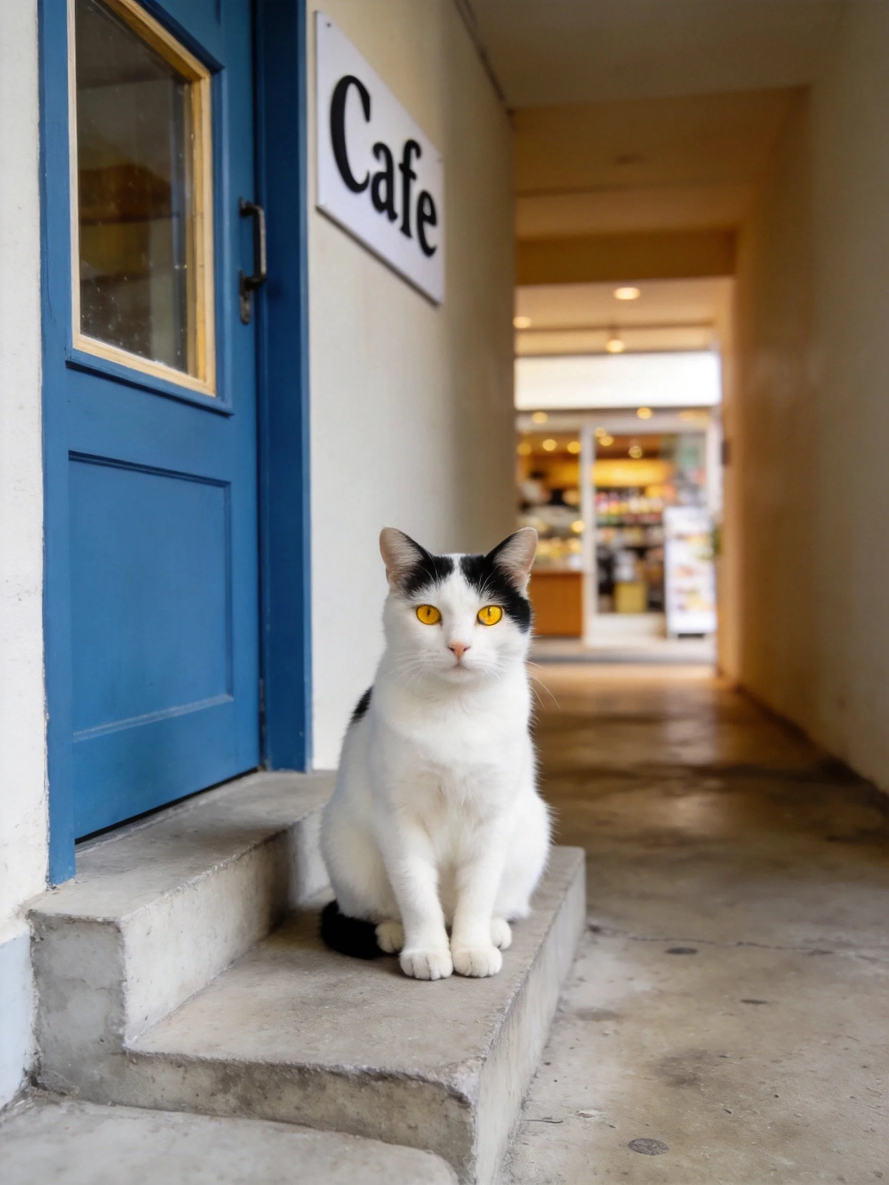A black-and-white cat sits by a blue cafe door on concrete steps