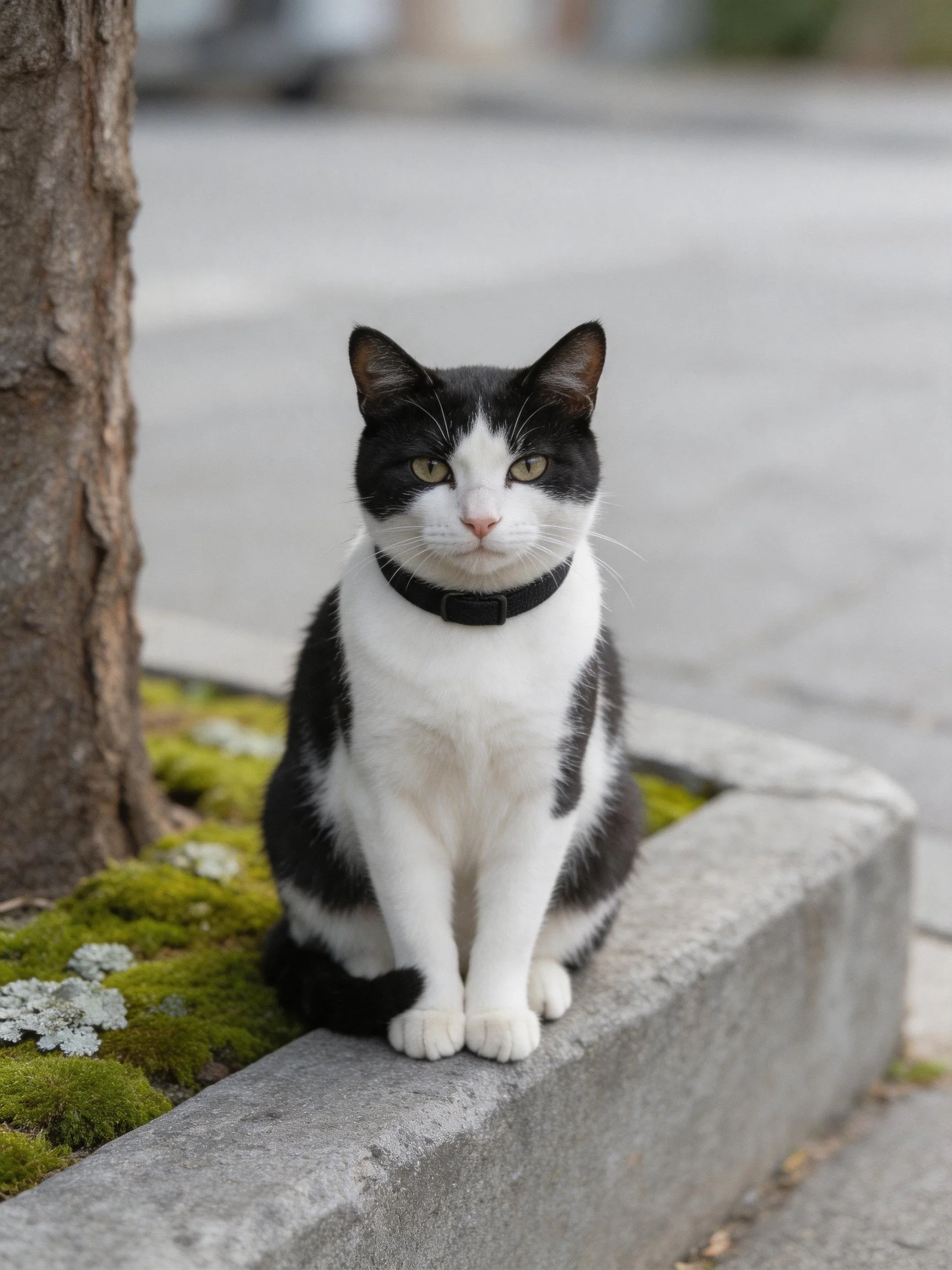A black - and - white cat sits by a mossy tree trunk