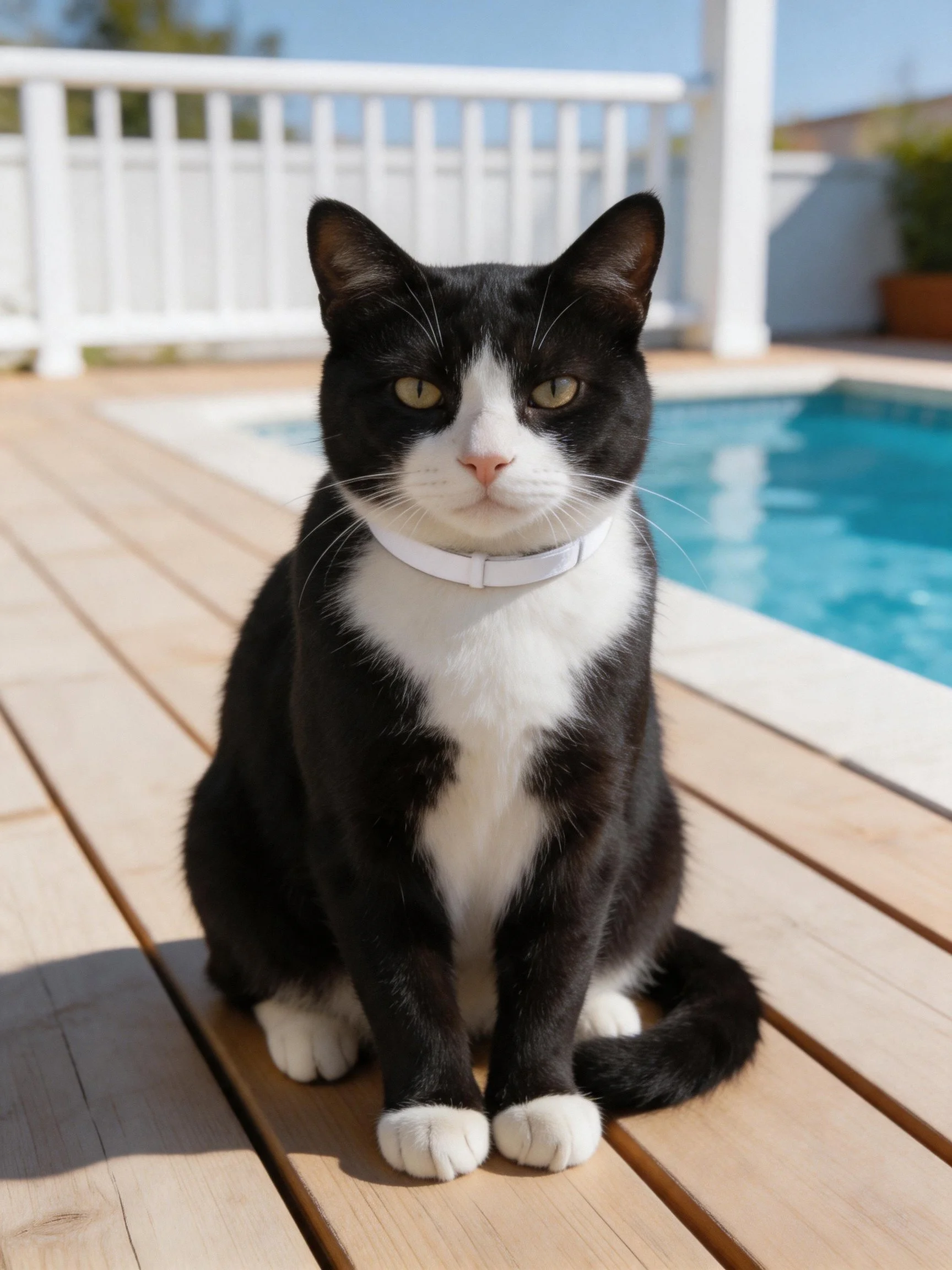 A black and white cat sits by a swimming pool on wooden decking