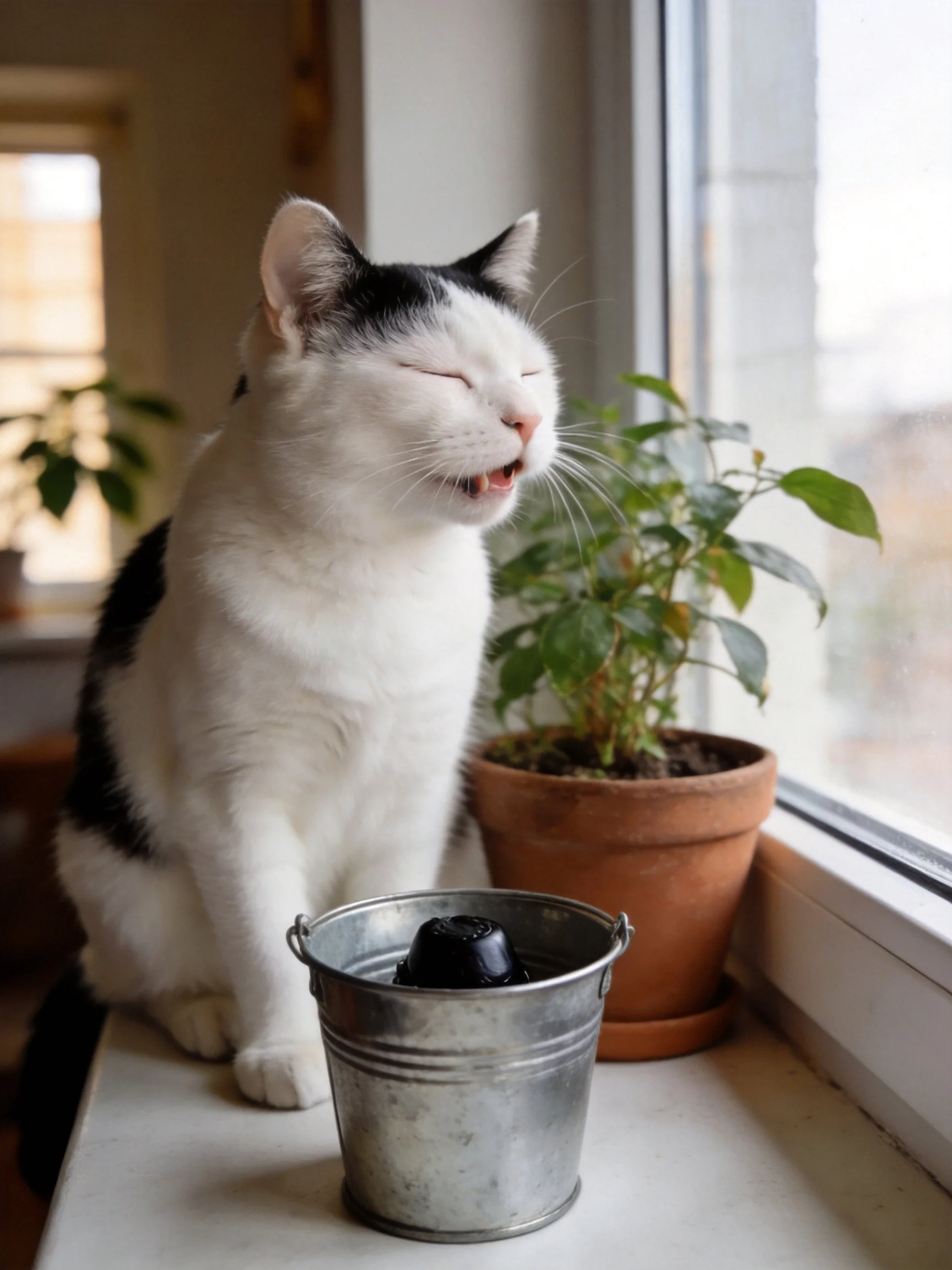 A black - and - white cat sits by a window with potted plants and a metal bucket