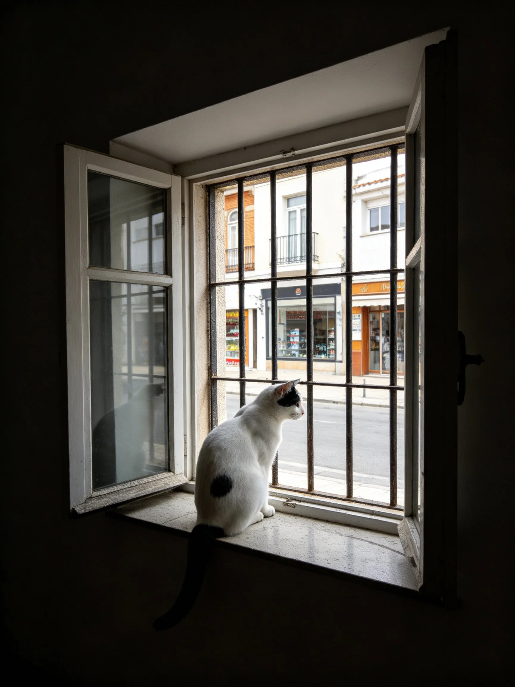 A black-and-white cat sits by an open barred window overlooking a town street.
