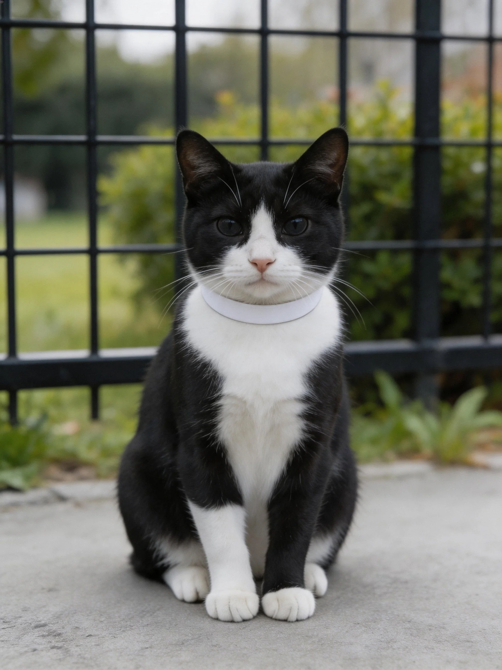 A black and white cat sits calmly near a metal fence
