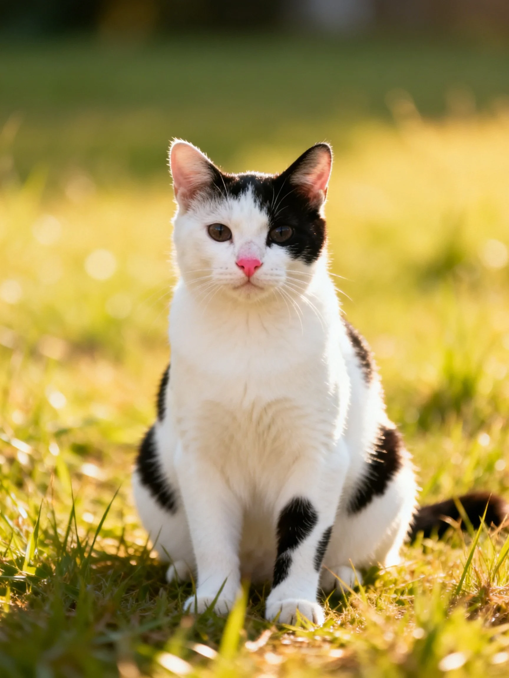 A black and white cat sits calmly on sunlit grass
