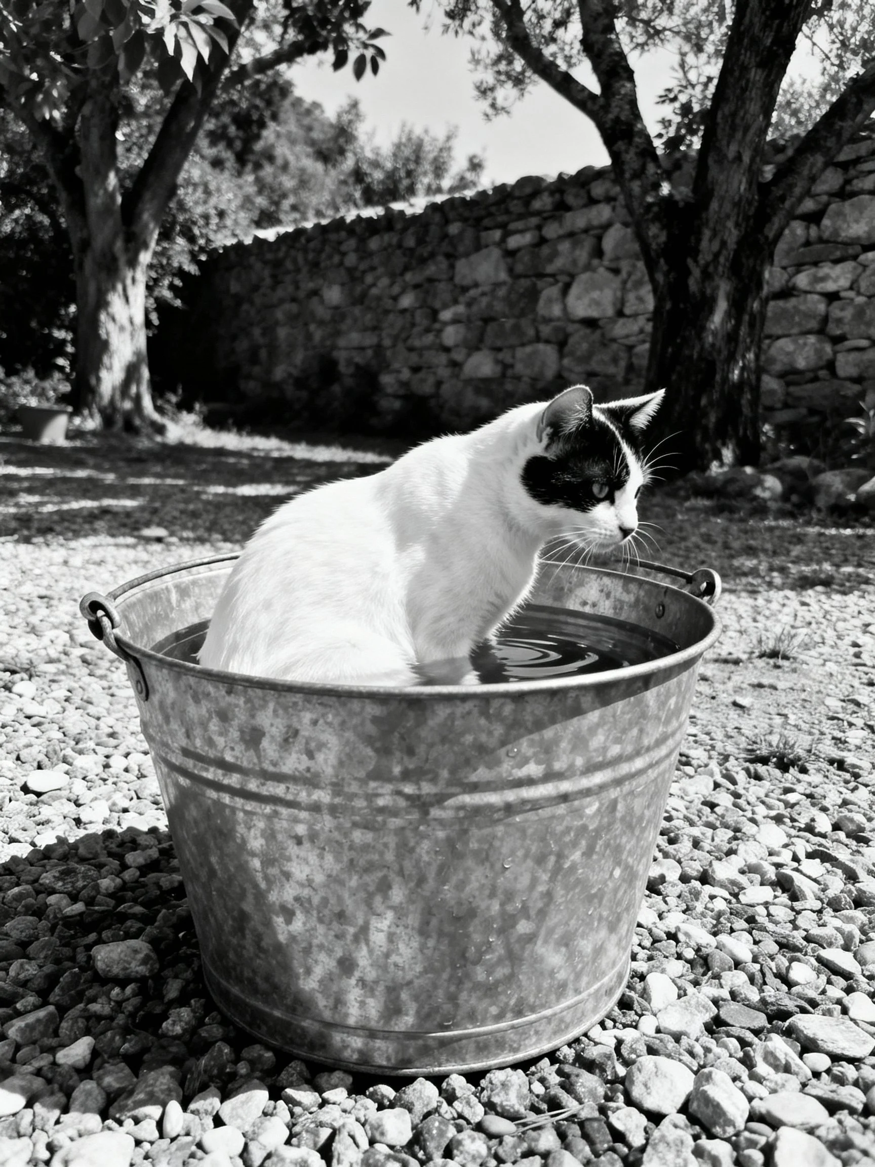 A black - and - white cat sits in a galvanized bucket of water outside