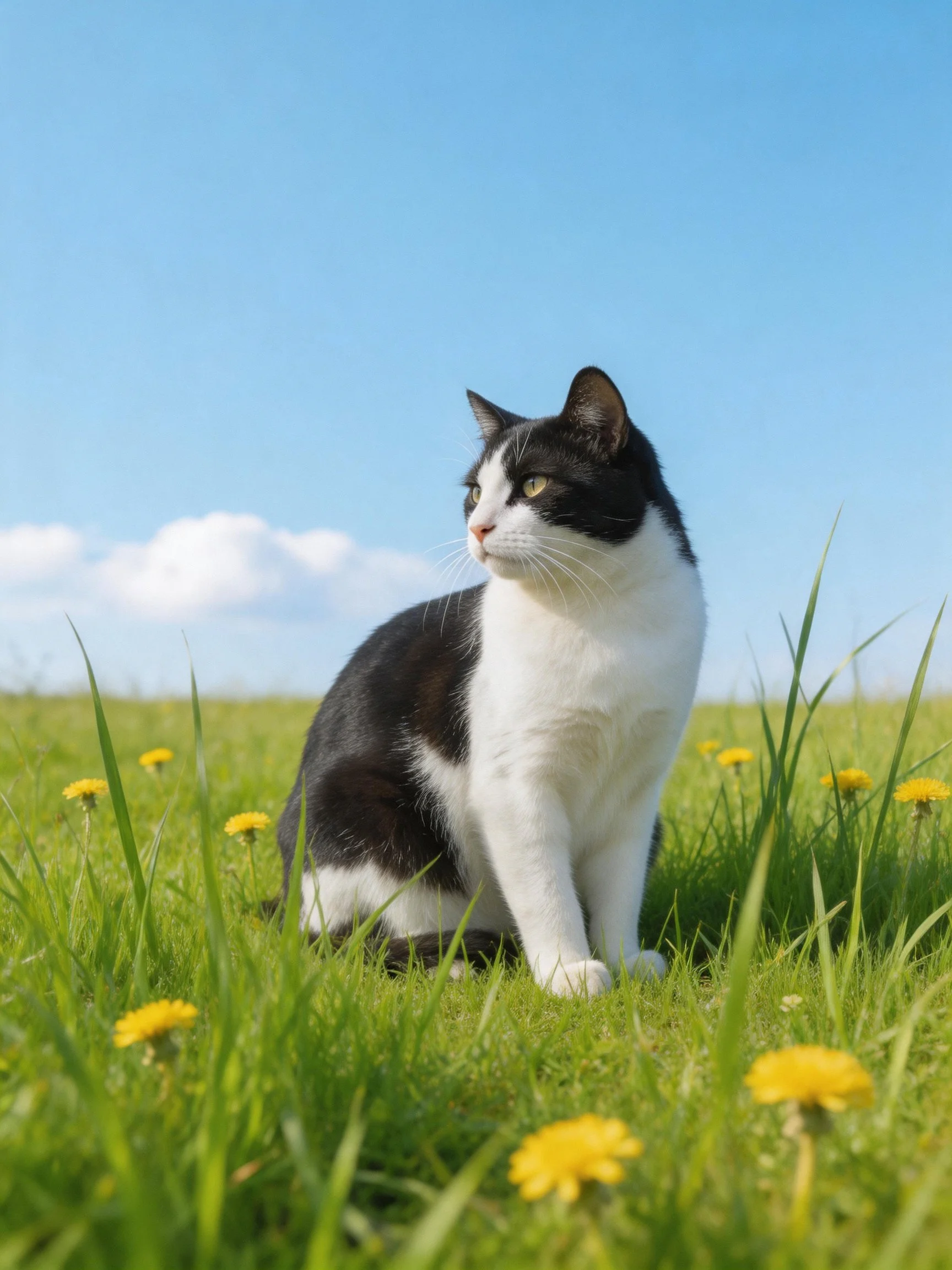 A black - and - white cat sits in a grassy field with yellow flowers