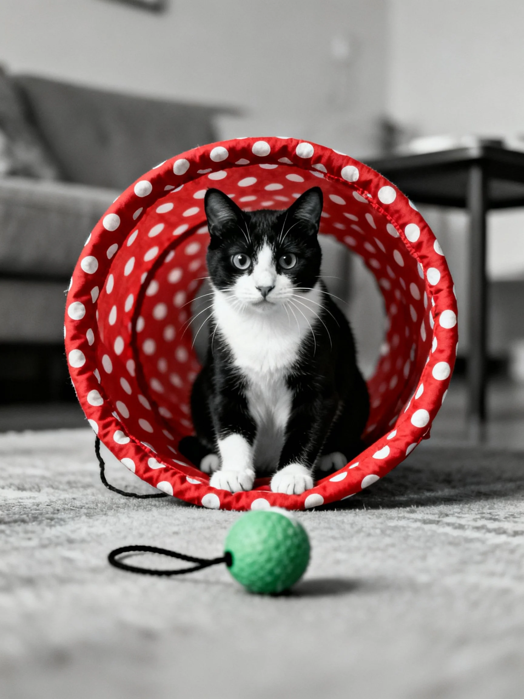 A black - and - white cat sits in a red polka - dotted fabric tunnel with a green toy ball
