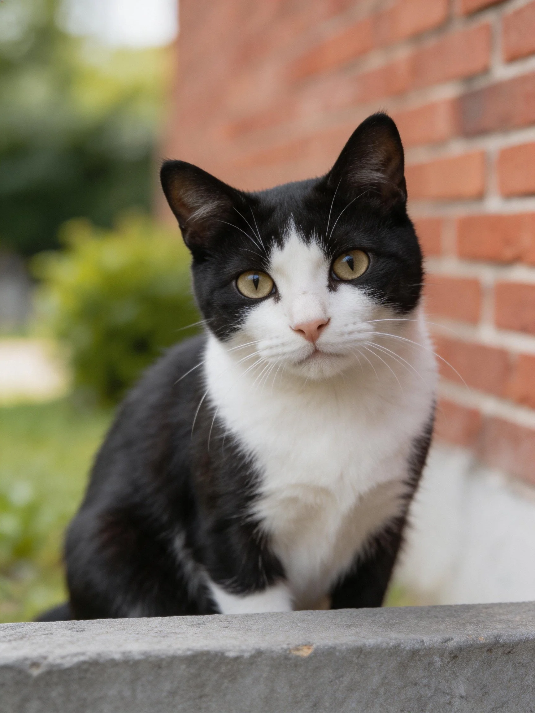 A black and white cat sits near a red brick wall outdoors