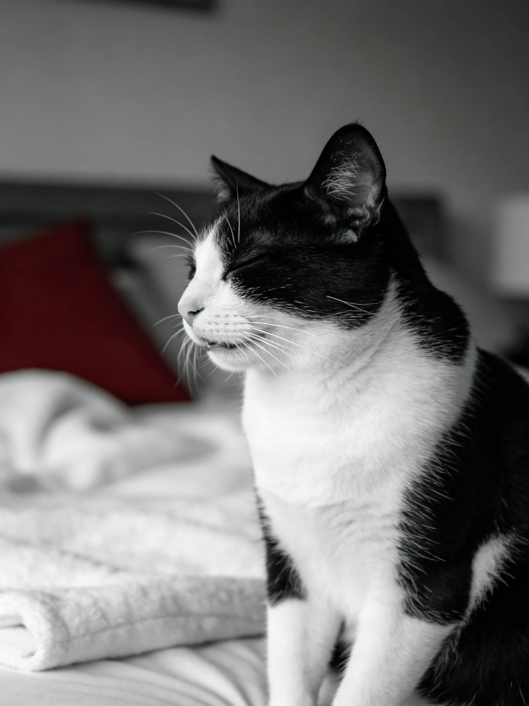A black and white cat sits near a red pillow on a bed