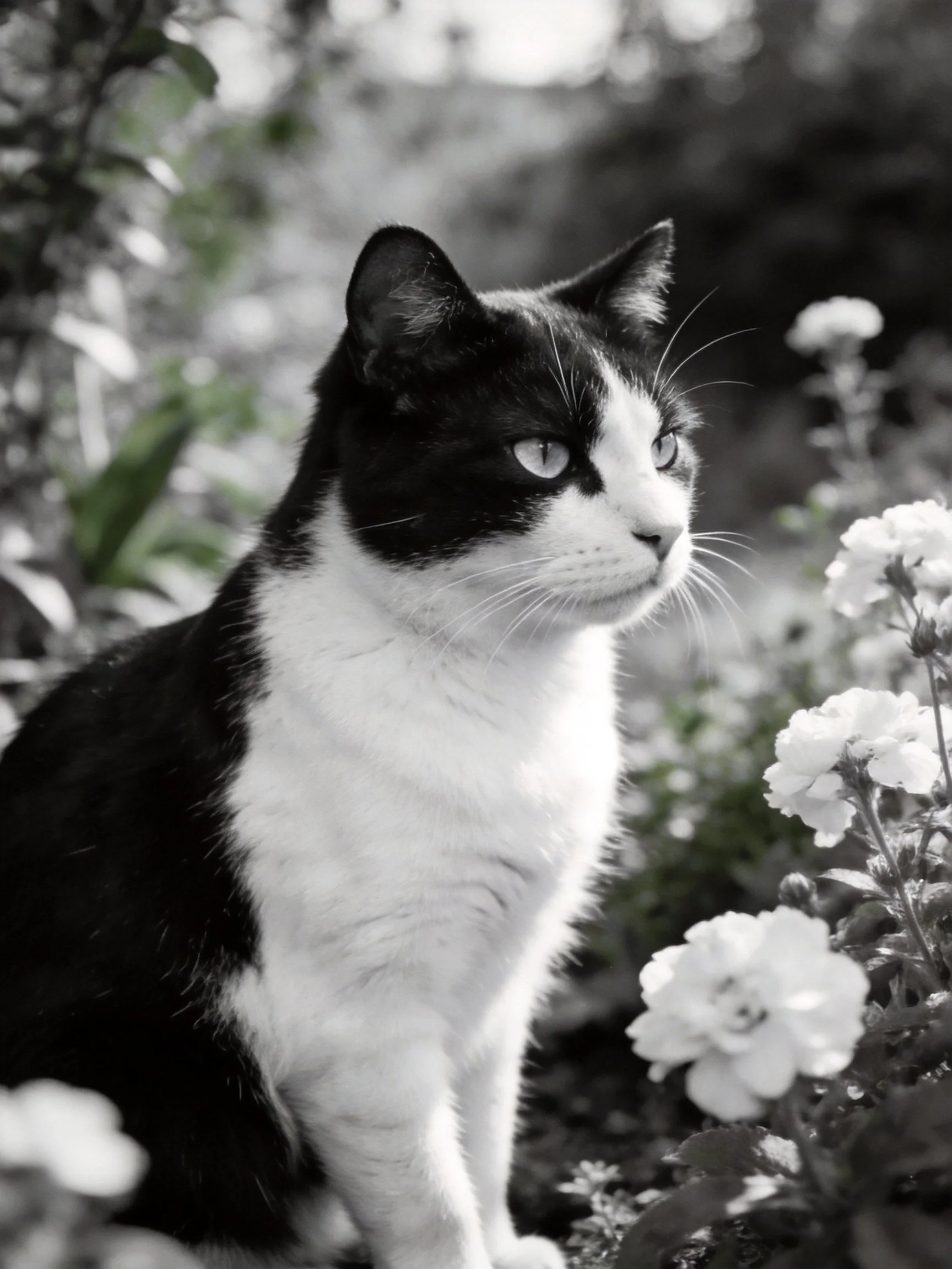A black - and - white cat sits near blooming flowers in a garden