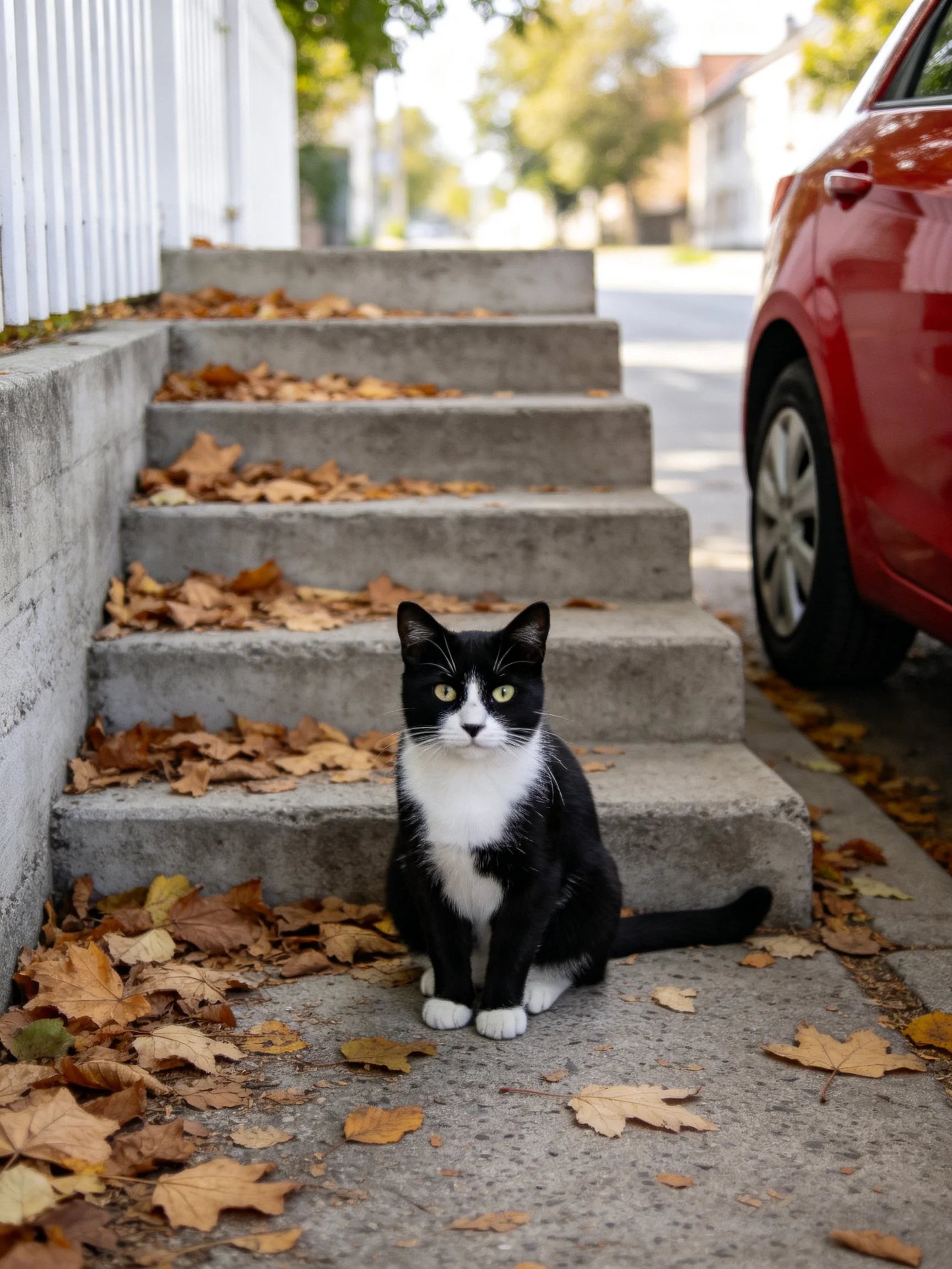 A black - and - white cat sits near concrete steps with fallen autumn leaves