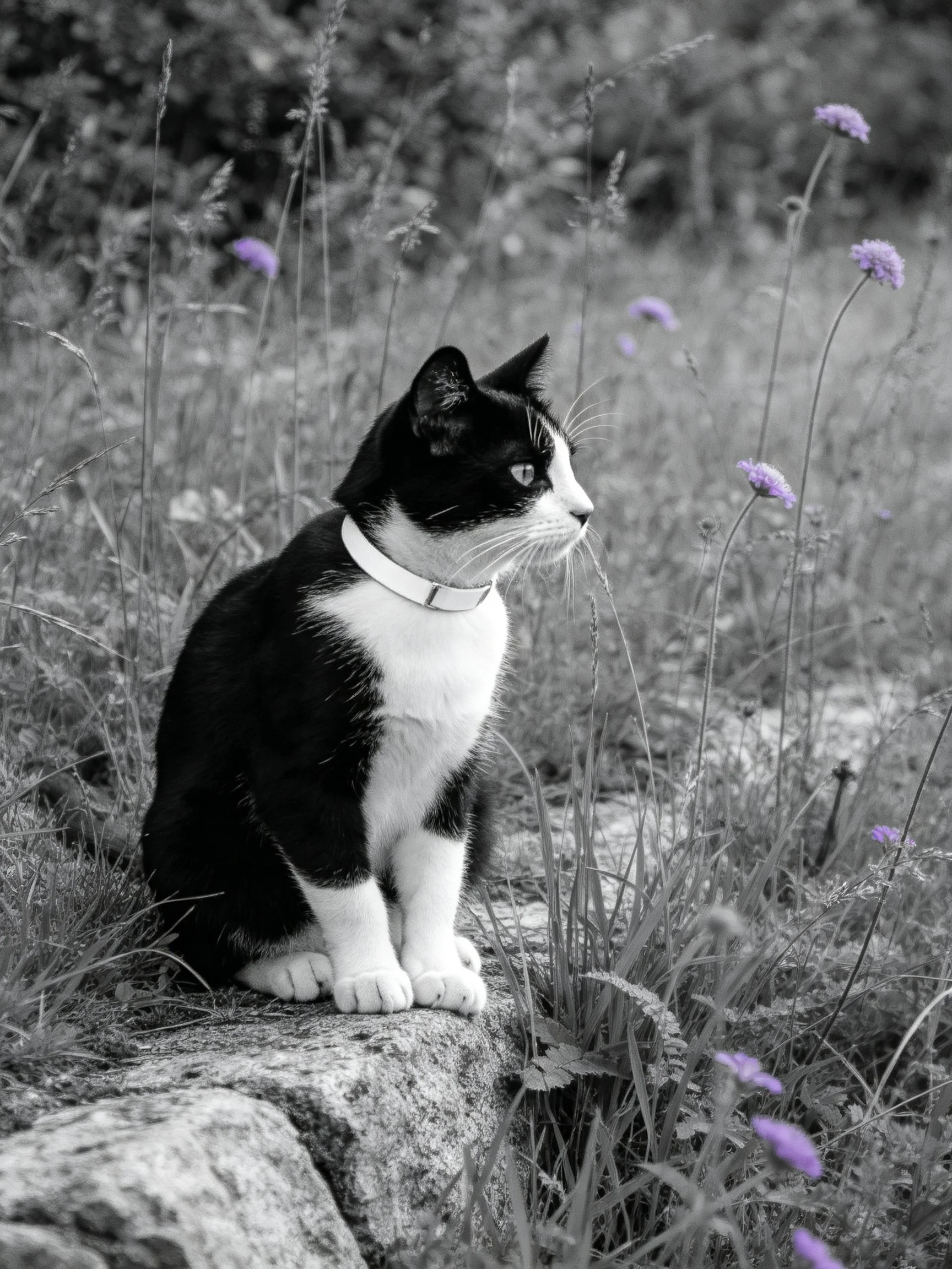A black - and - white cat sits near purple wildflowers on a stone ledge