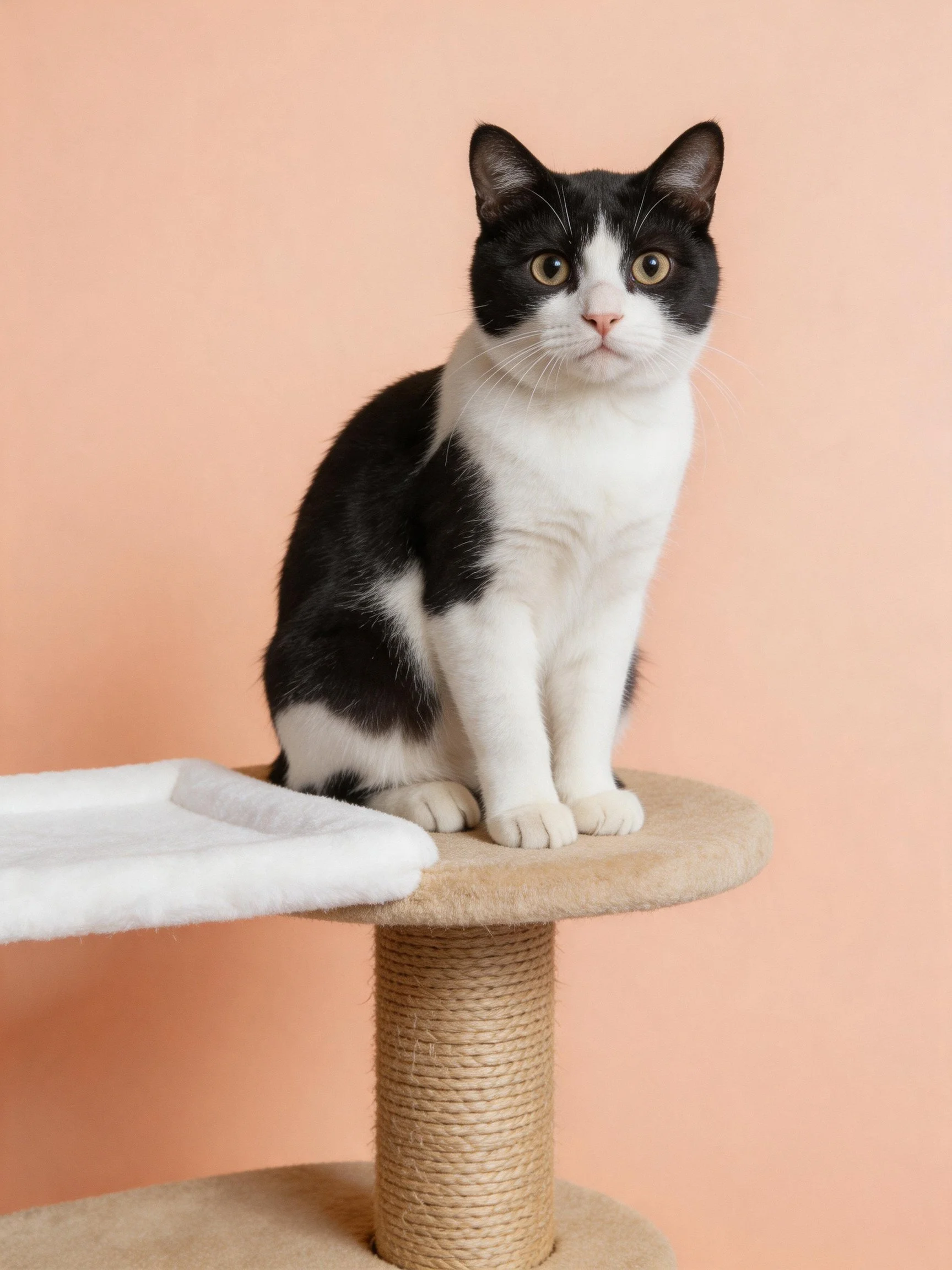 A black and white cat sits on a beige scratching post against a peach wall