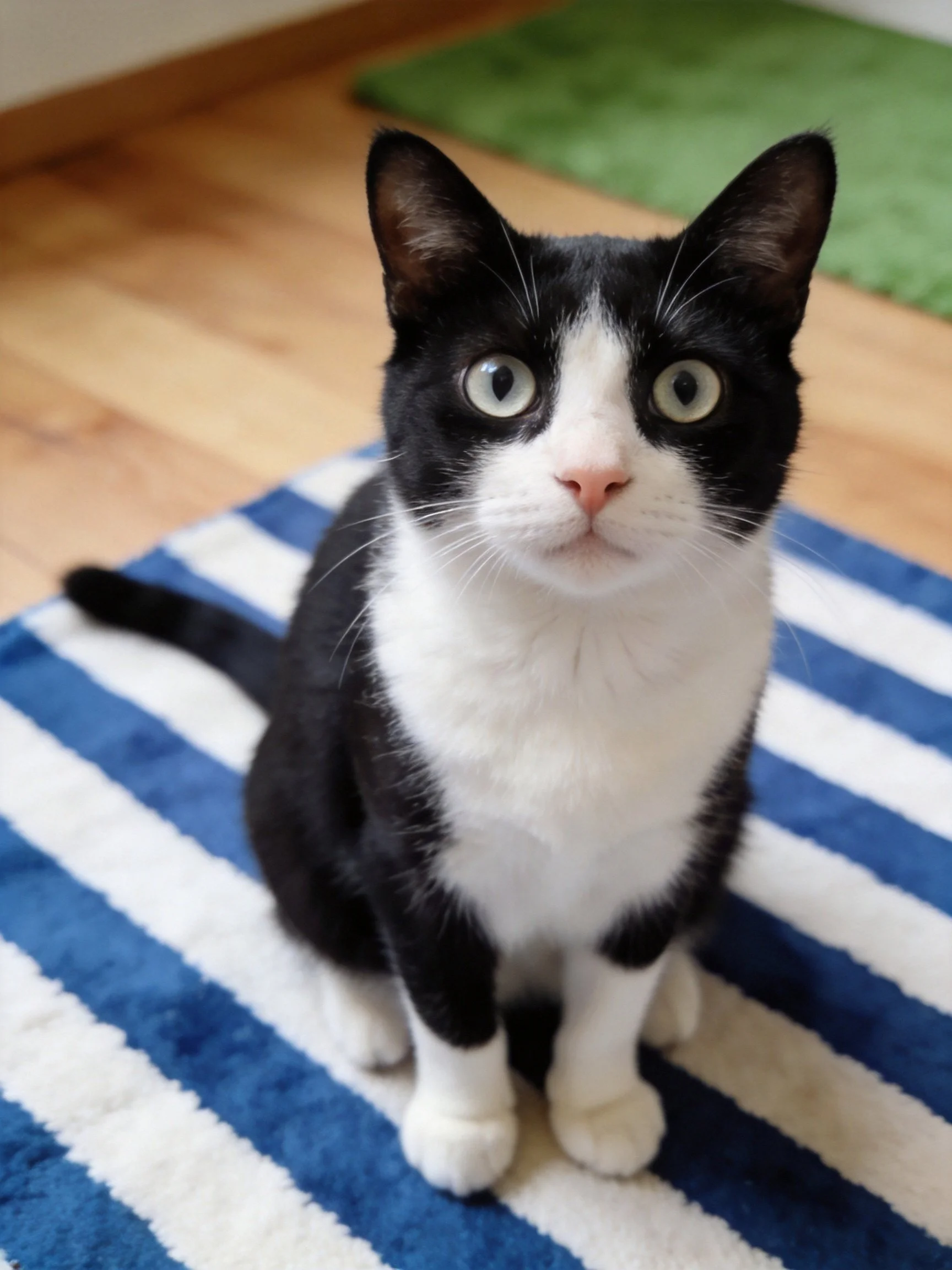 A black and white cat sits on a blue and white striped rug with wooden flooring