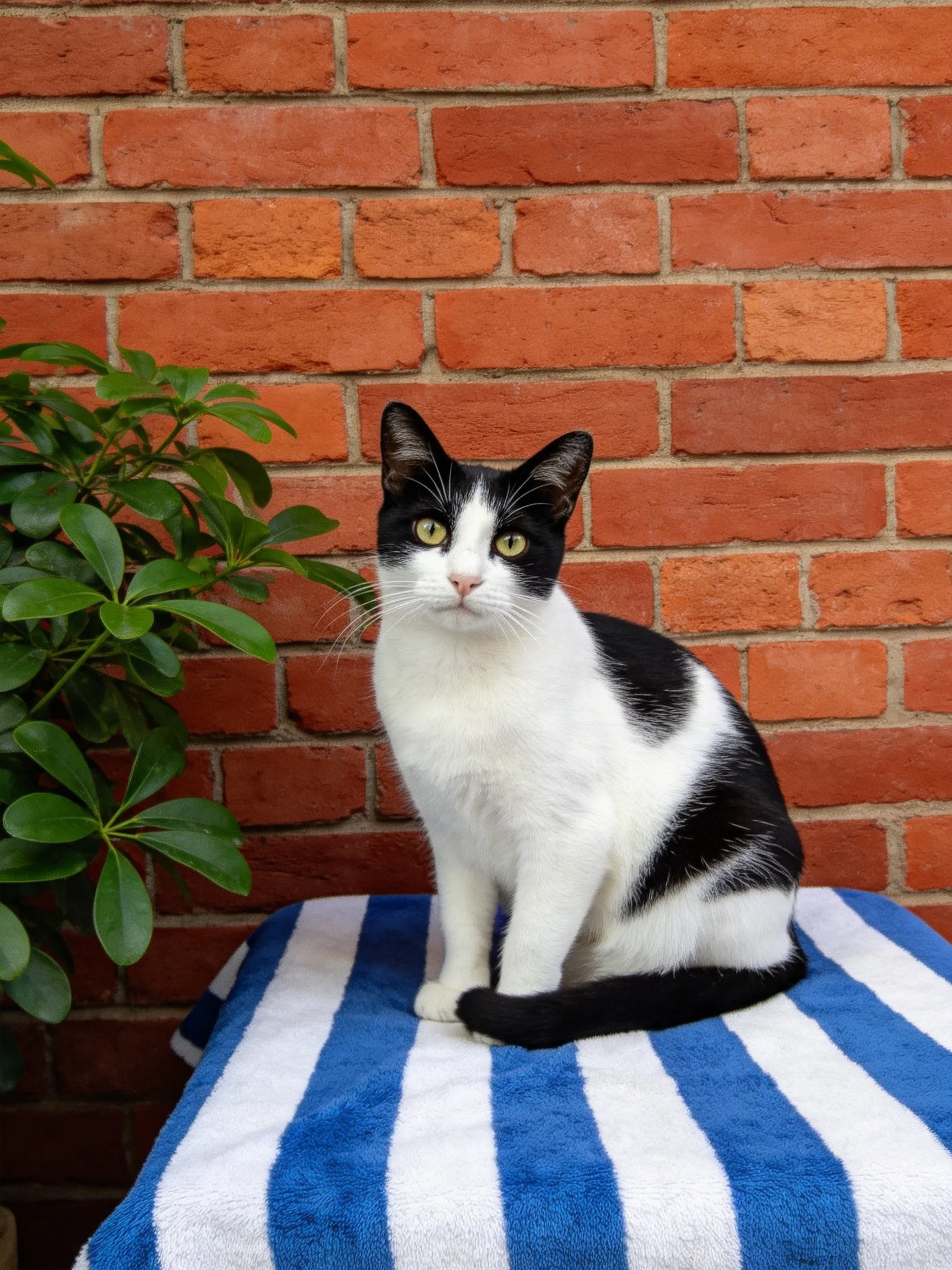 A black and white cat sits on a blue - striped towel by a red brick wall