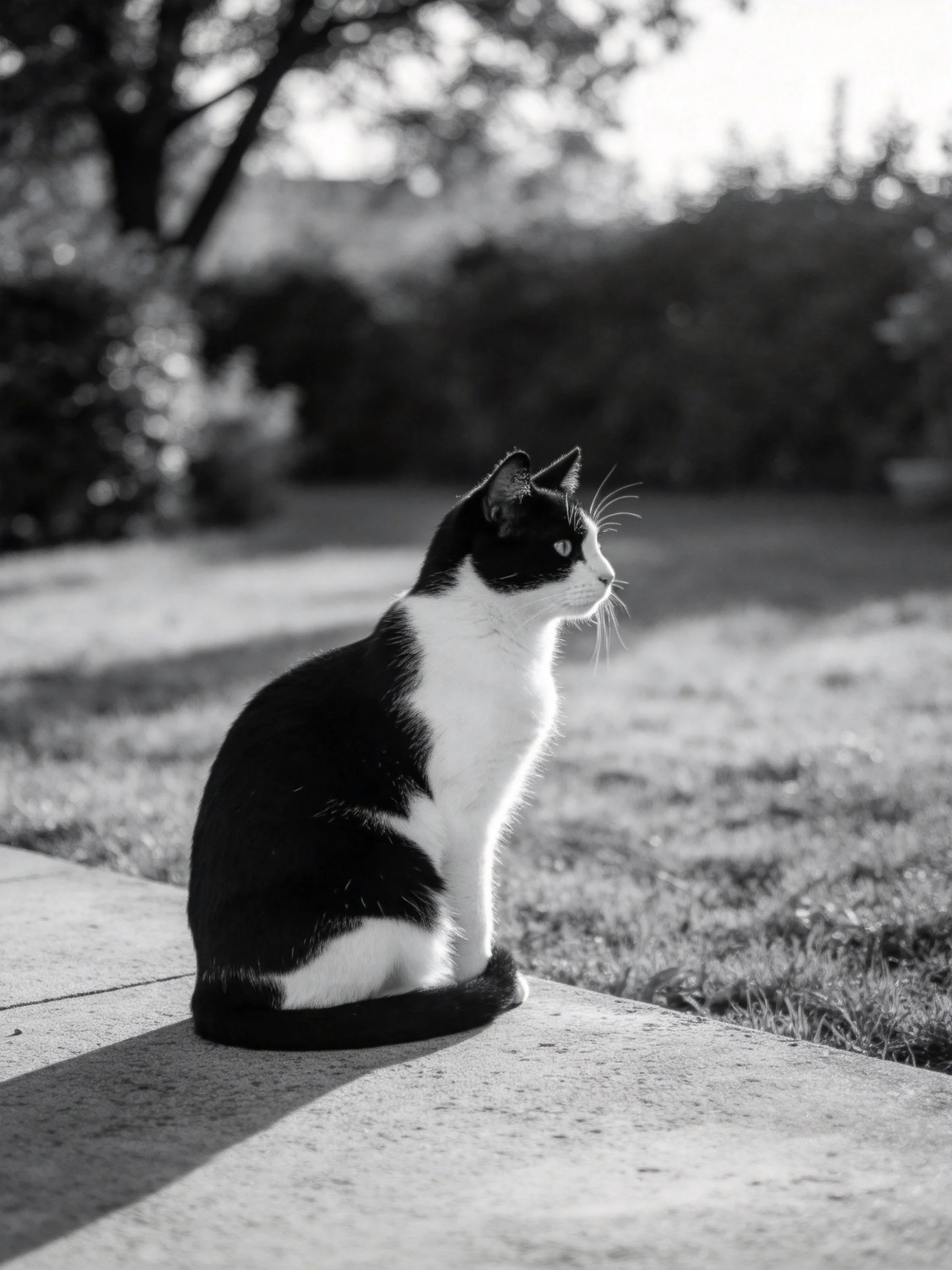A black - and - white cat sits on a concrete edge near grassy terrain