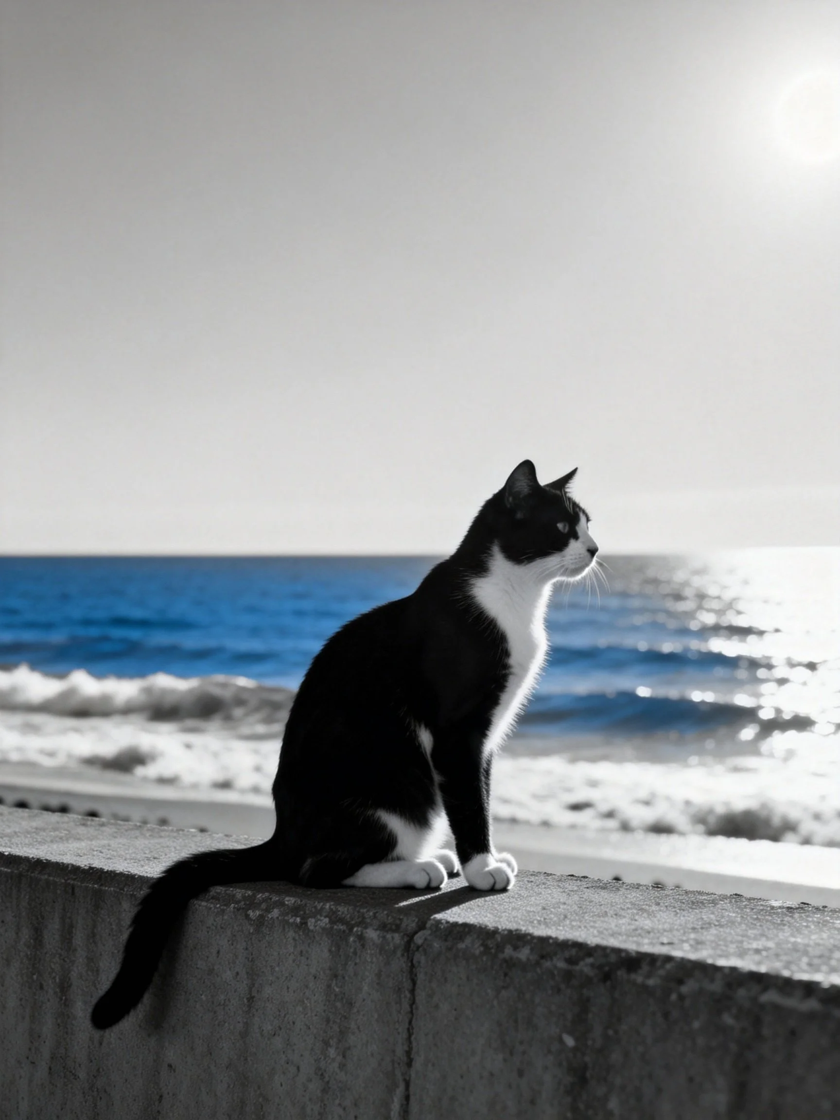 A black - and - white cat sits on a concrete ledge by the blue sea