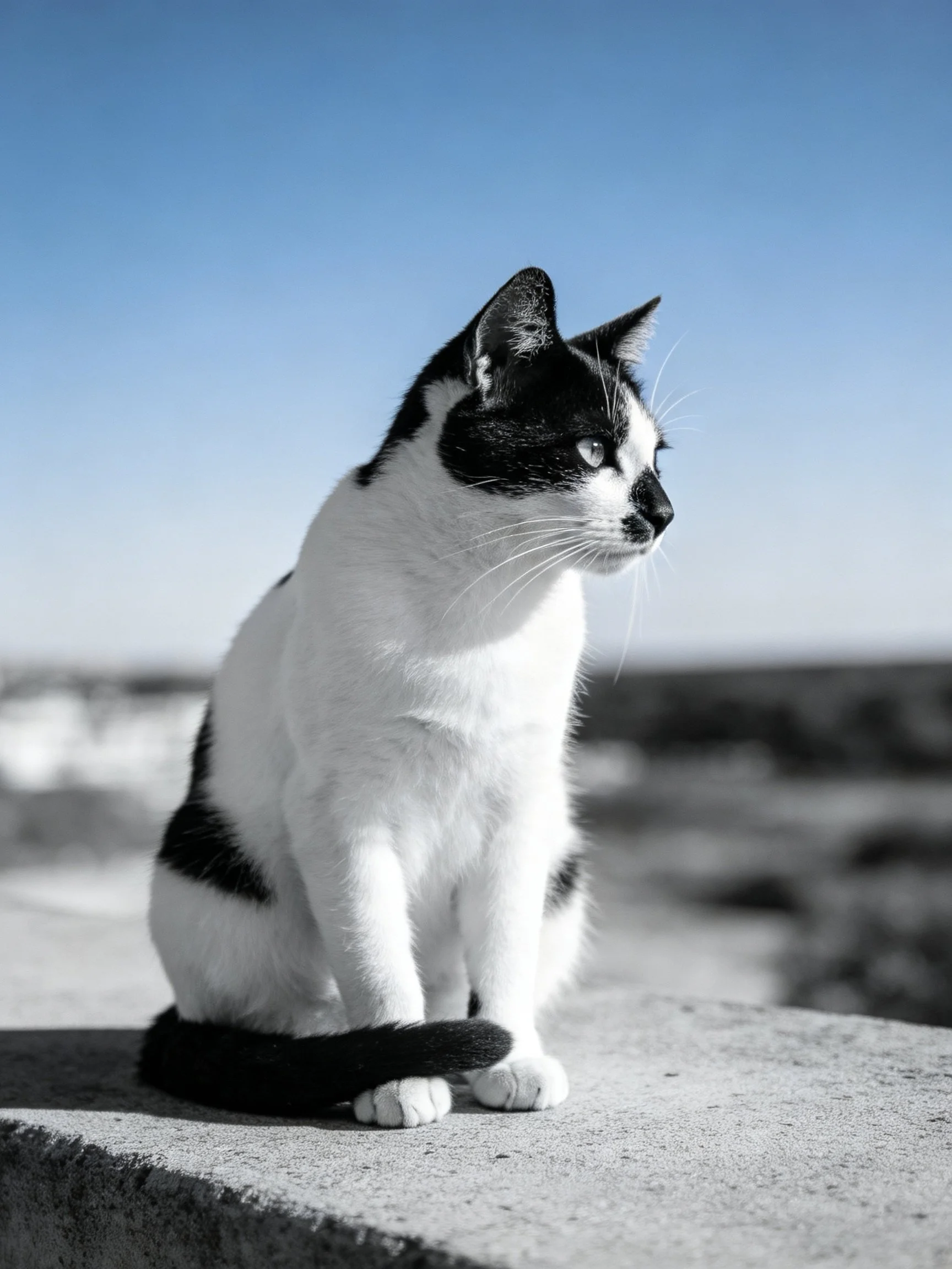 A black - and - white cat sits on a concrete ledge with a clear blue sky
