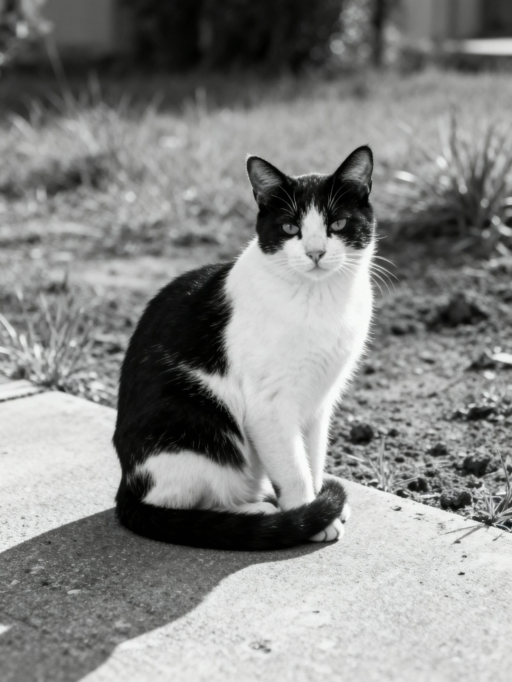 A black and white cat sits on a concrete path near grassy terrain