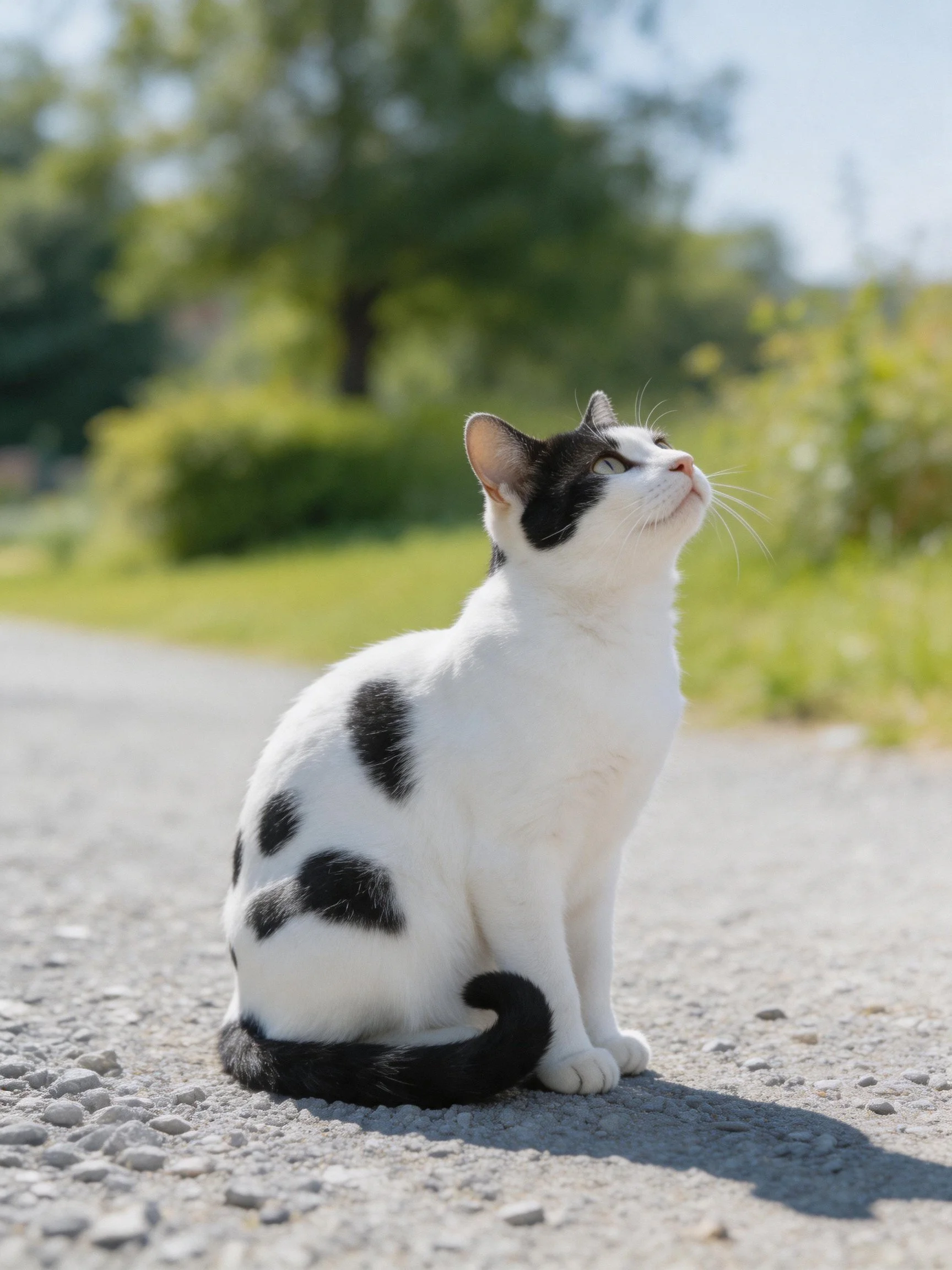 A black - and - white cat sits on a gravel path near greenery