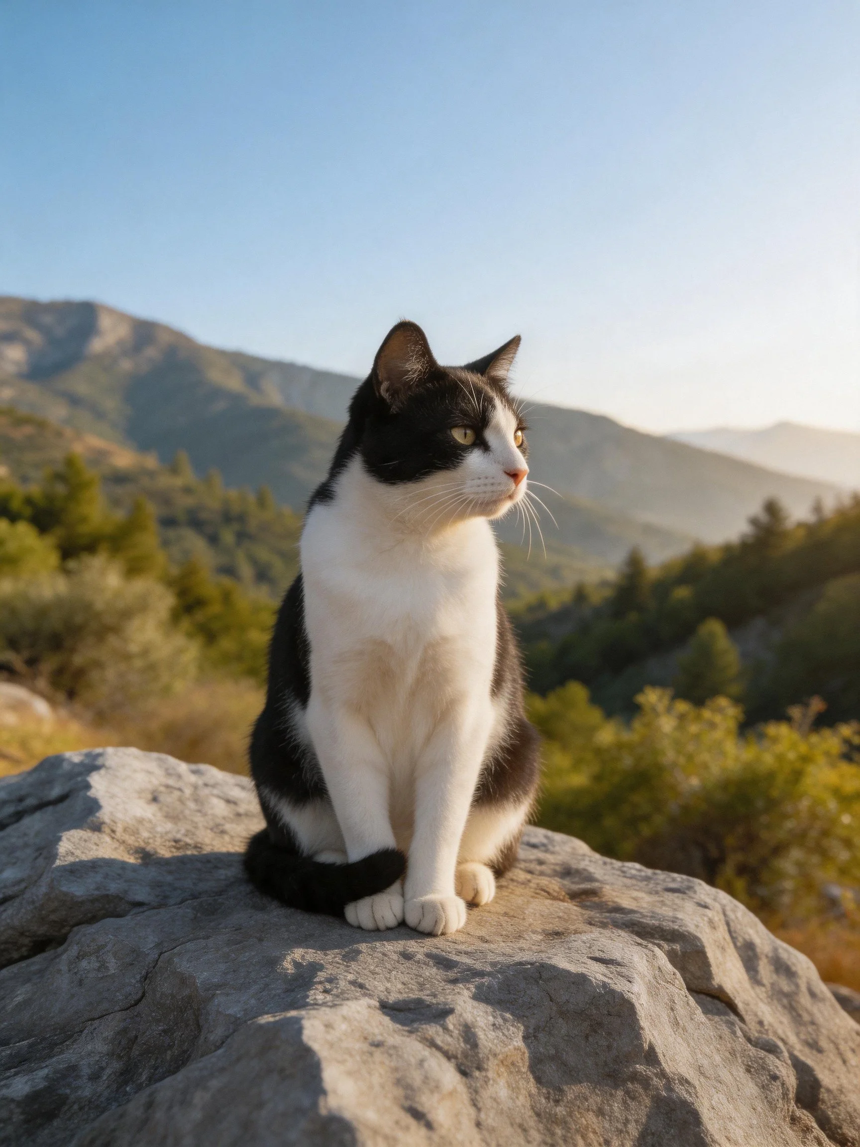 A black - and - white cat sits on a large gray rock near mountainous scenery