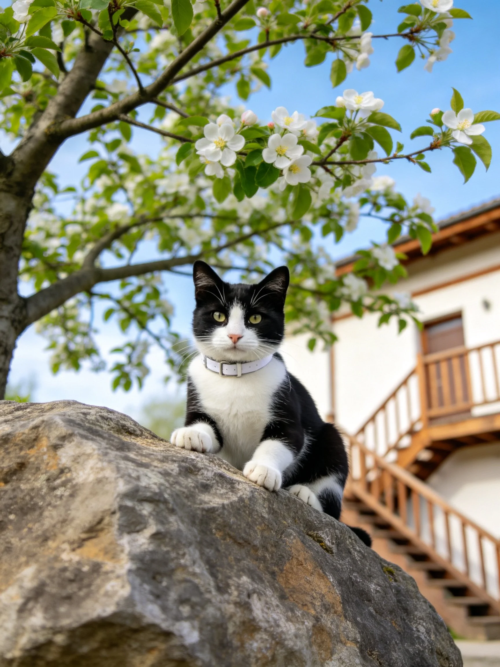 A black - and - white cat sits on a large rock near blooming trees