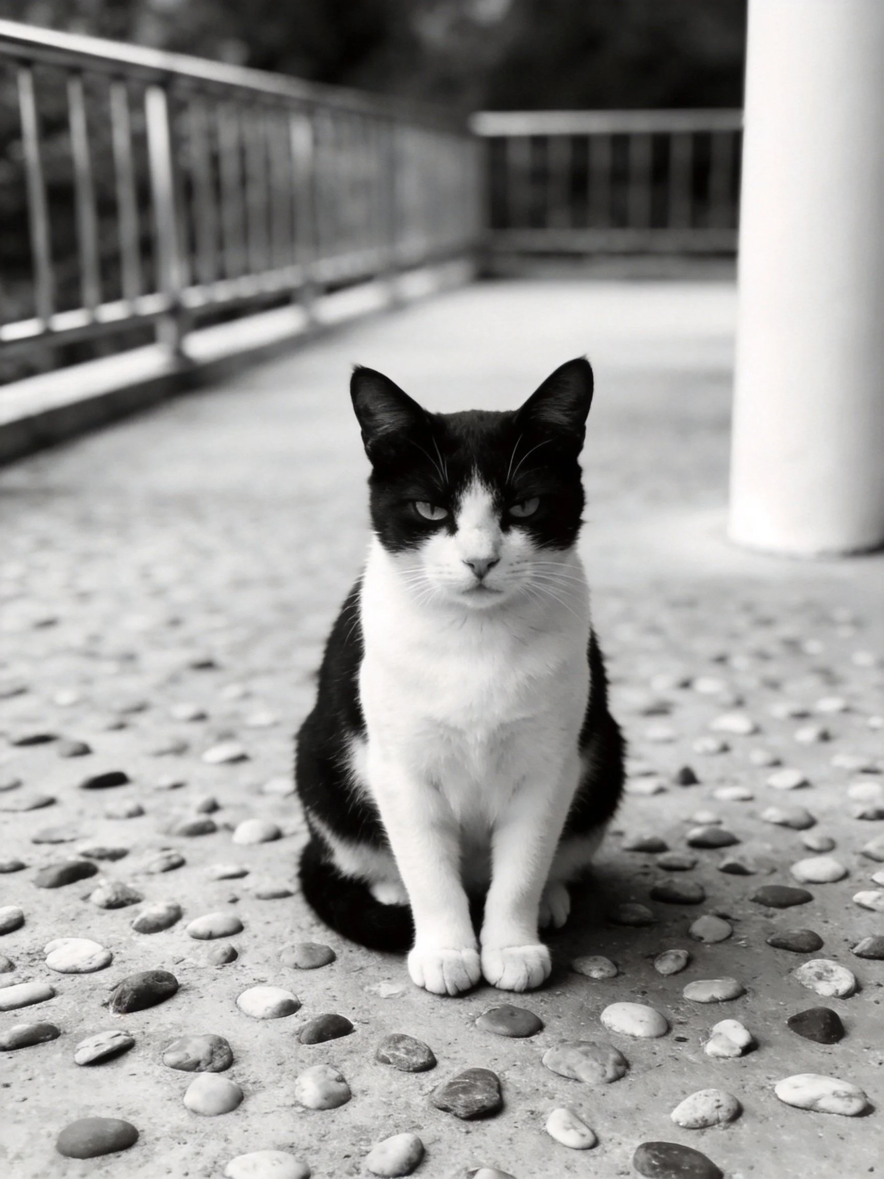 A black - and - white cat sits on a pebbled walkway near railings