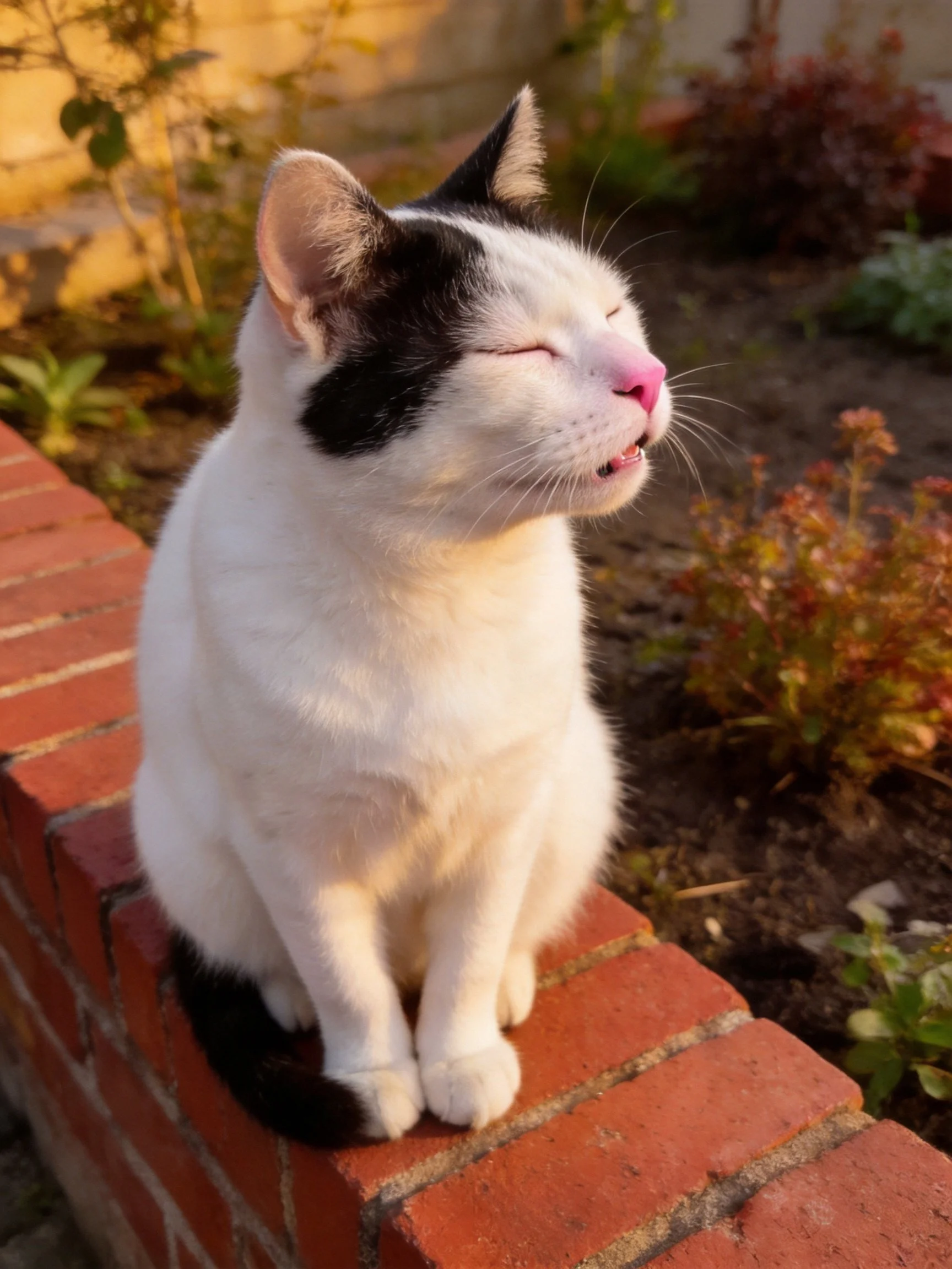 A black - and - white cat sits on a red brick ledge in a sunlit garden