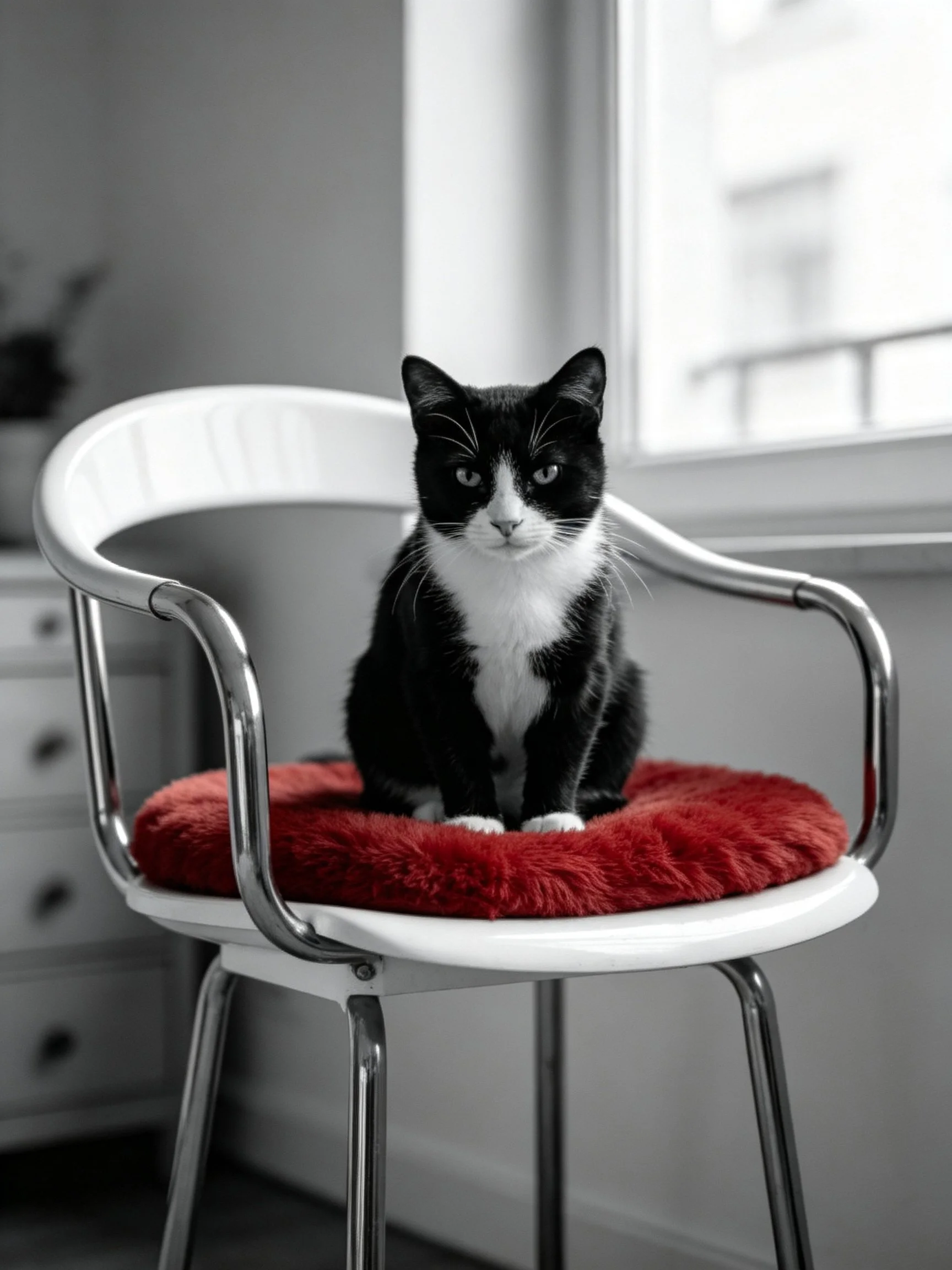 A black - and - white cat sits on a red cushion in a modern chair