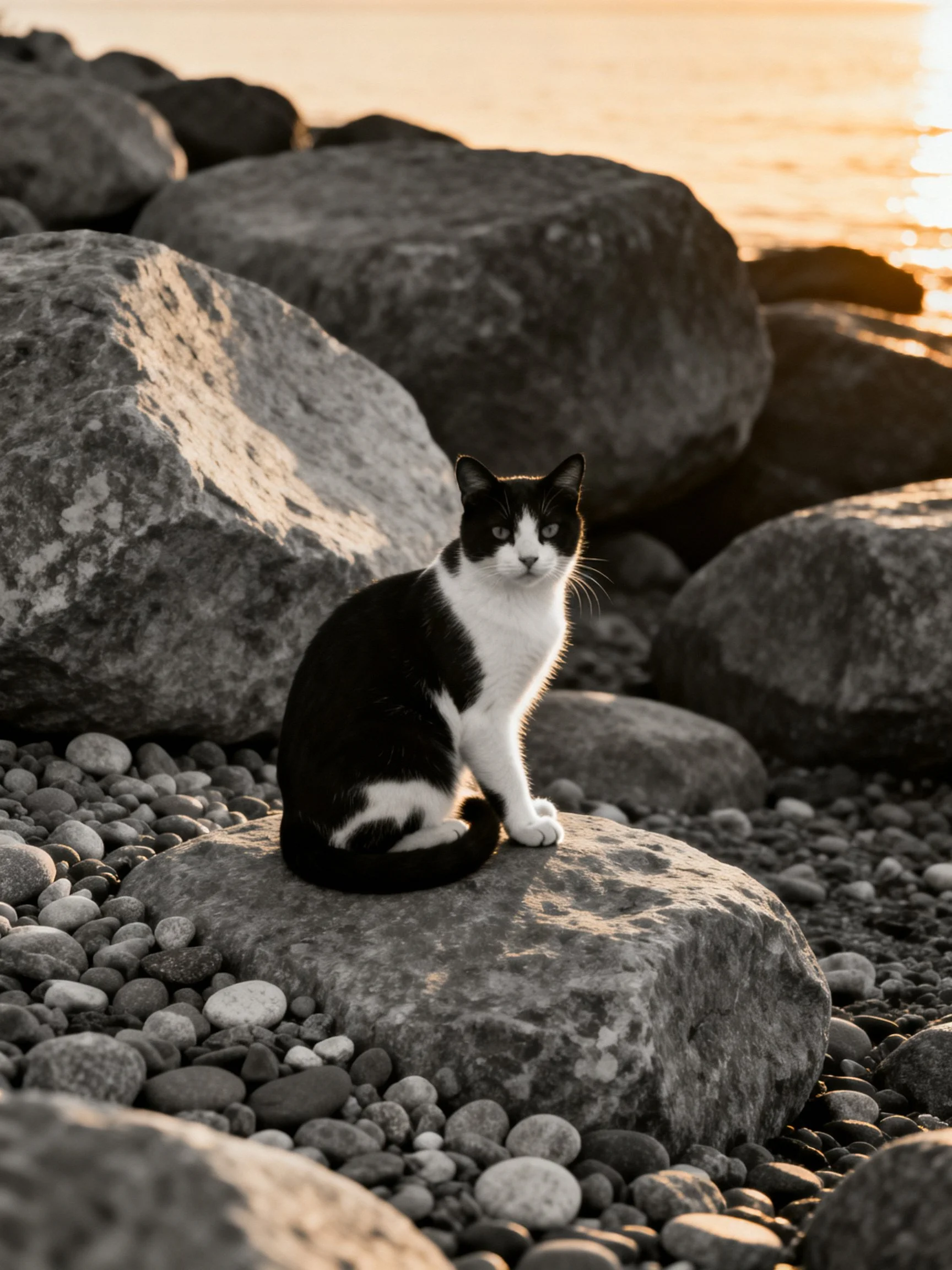 A black - and - white cat sits on a rock amid large stones by a sunset - lit shore.