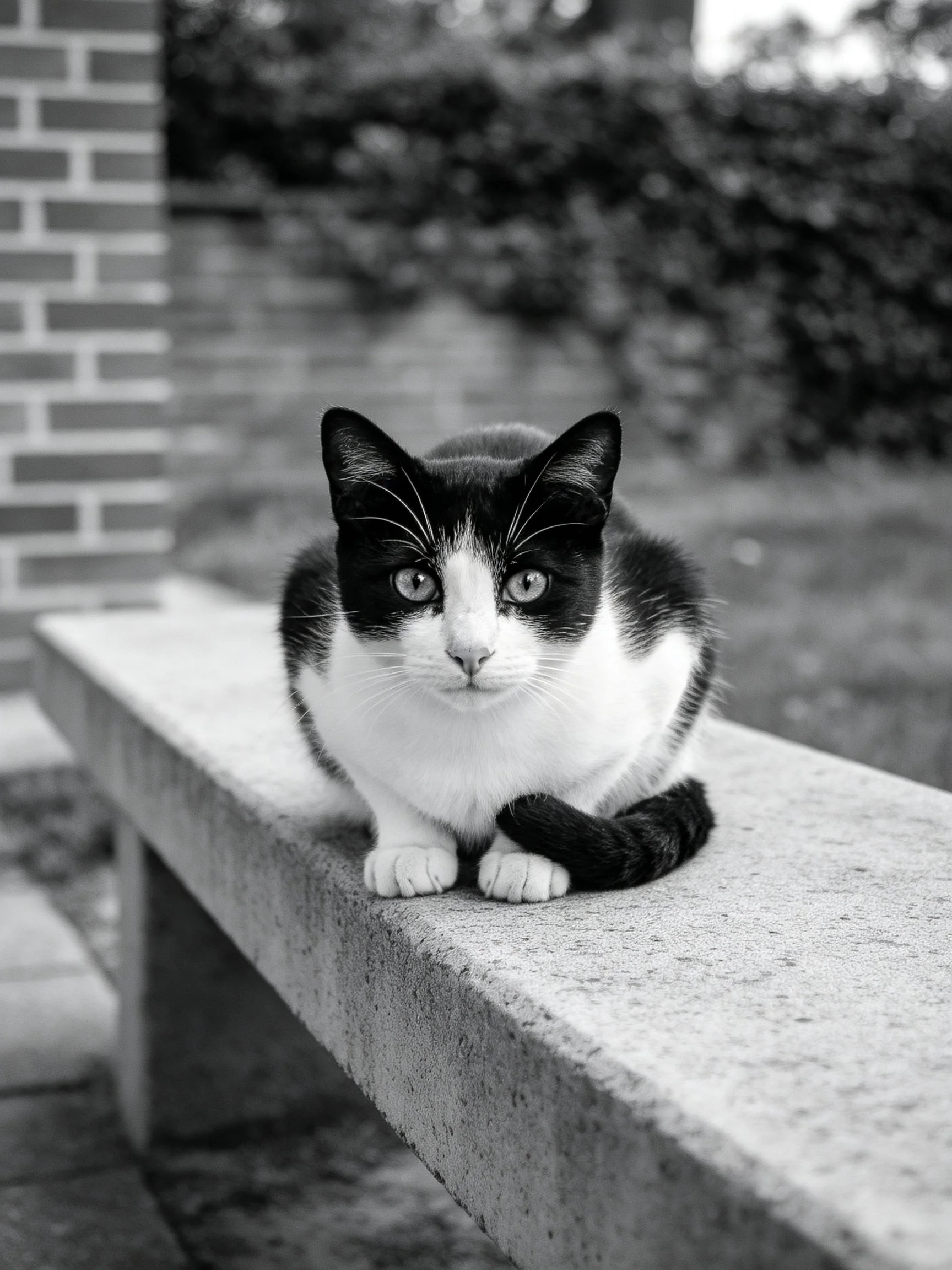 A black - and - white cat sits on a stone bench beside a brick wall