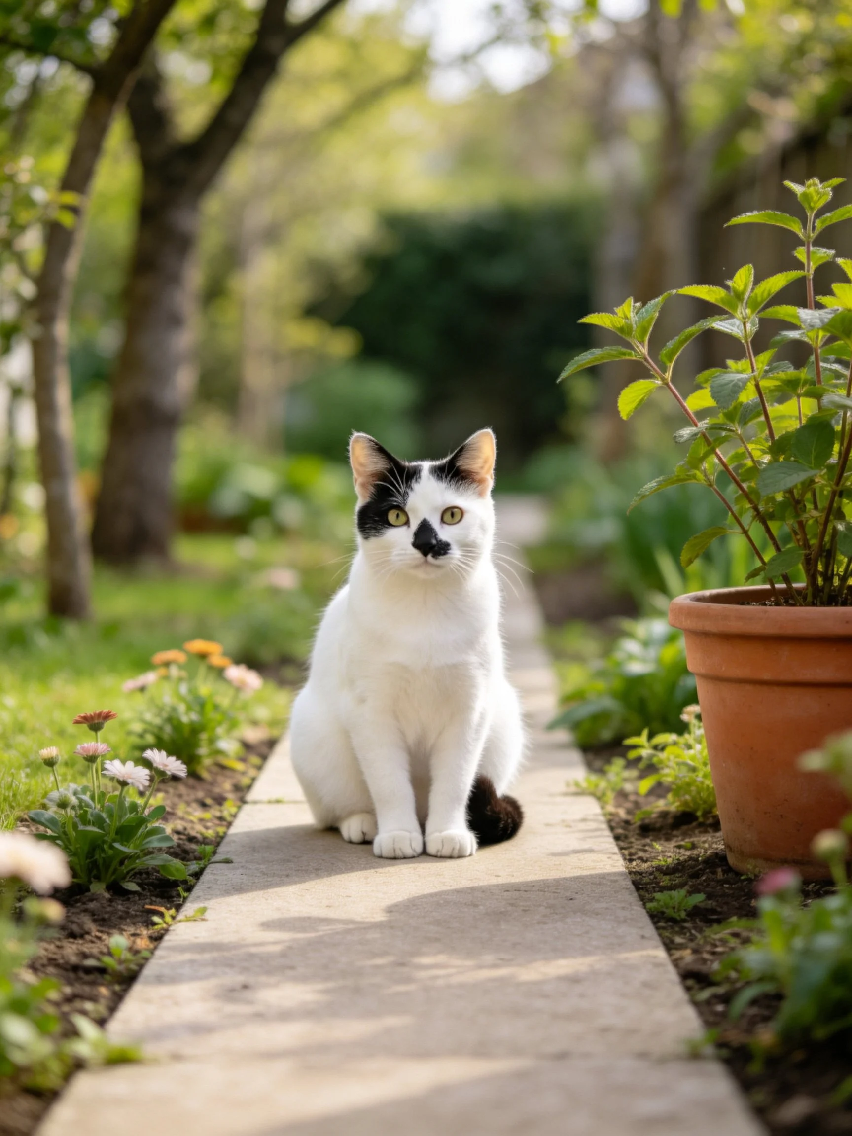 A black-and-white cat sits on a stone garden path surrounded by greenery