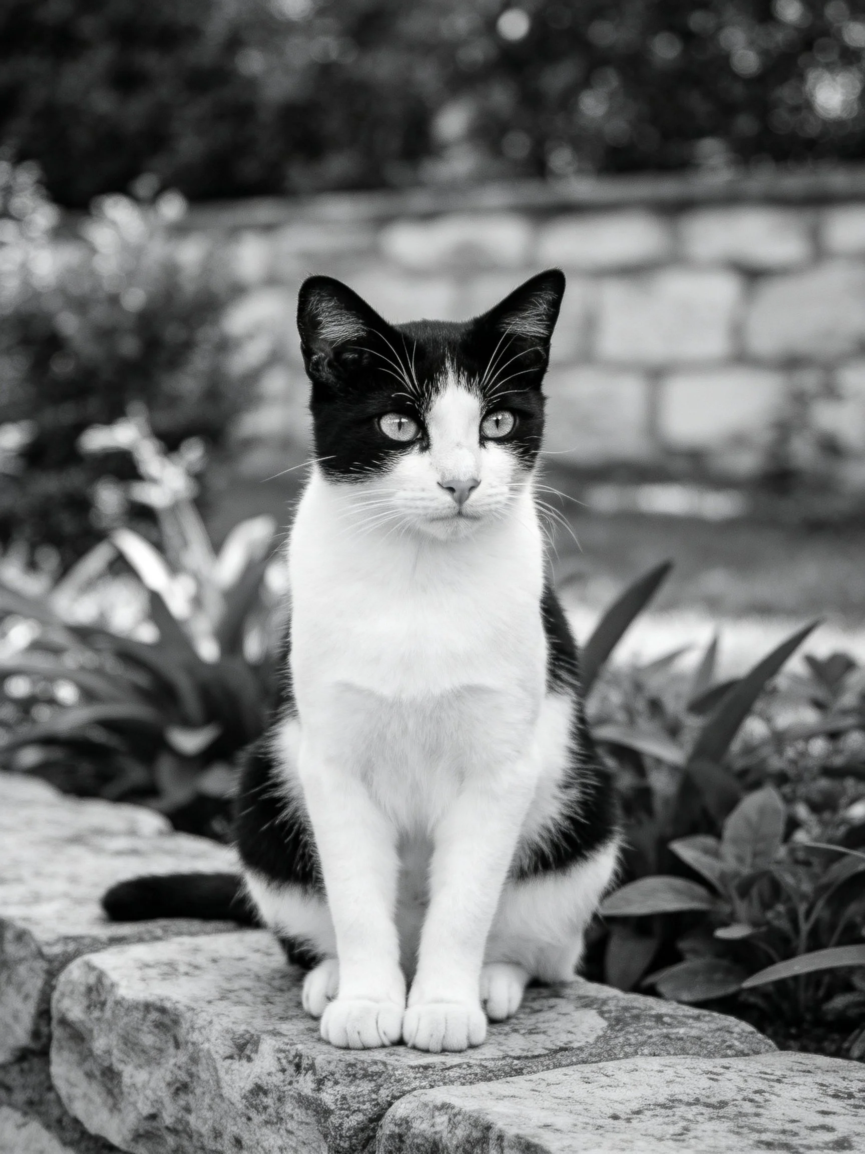 A black and white cat sits on a stone ledge near foliage