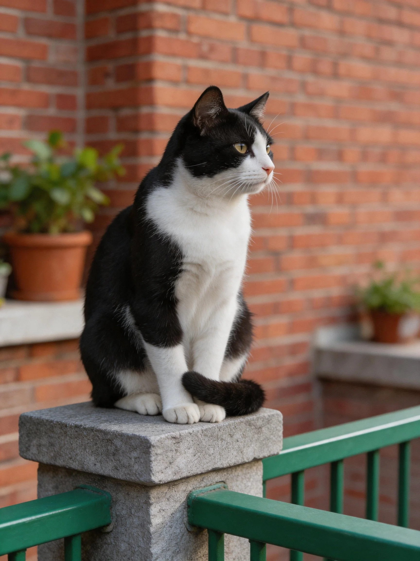 A black - and - white cat sits on a stone post by a brick wall