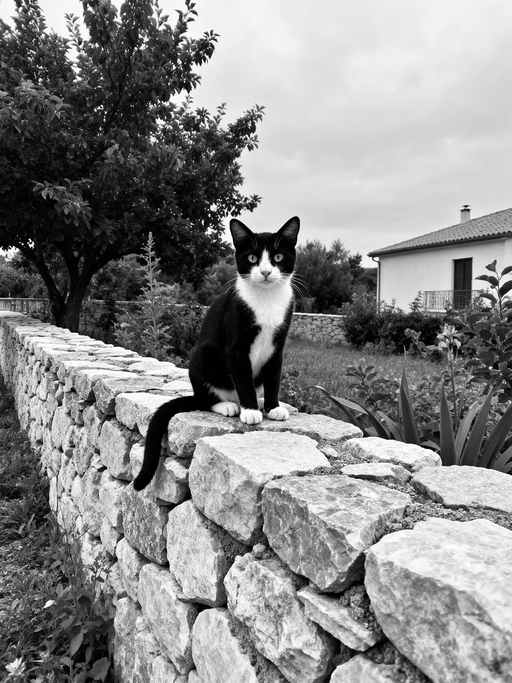 A black and white cat sits on a stone wall near a house