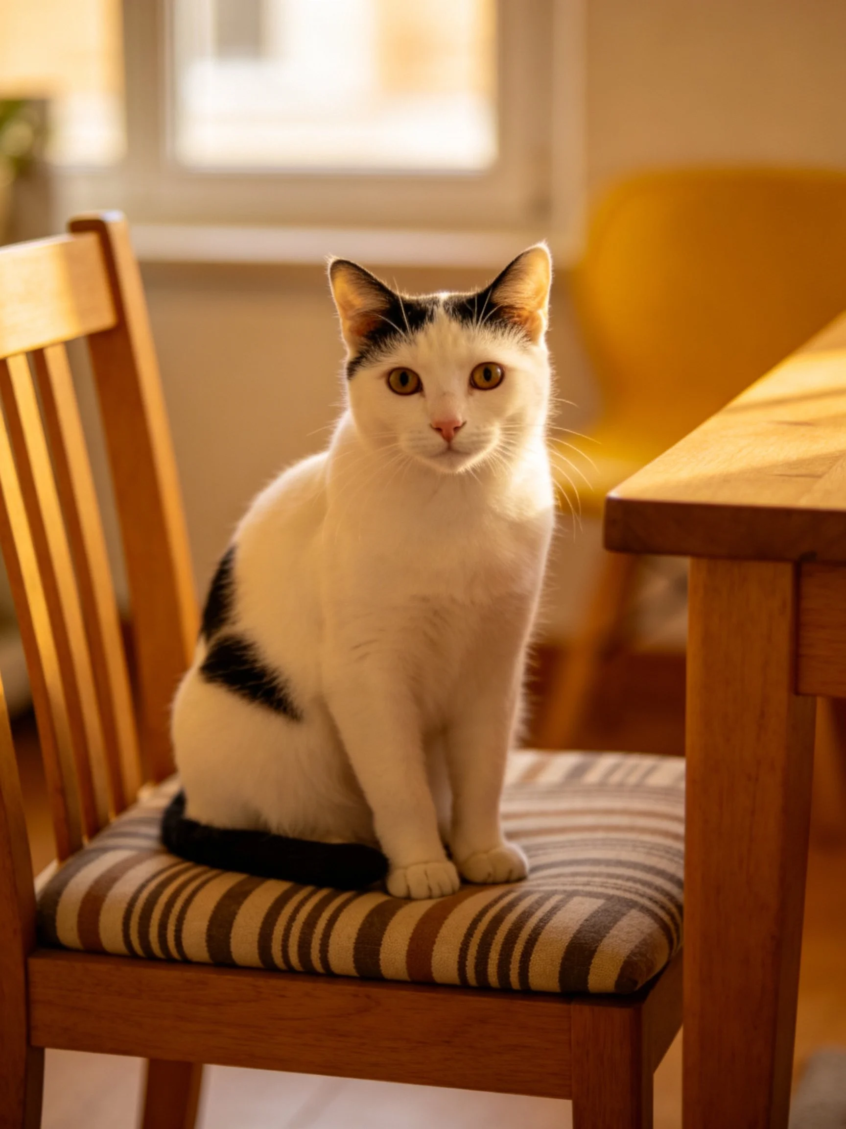 A black-and-white cat sits on a striped wooden chair near a table
