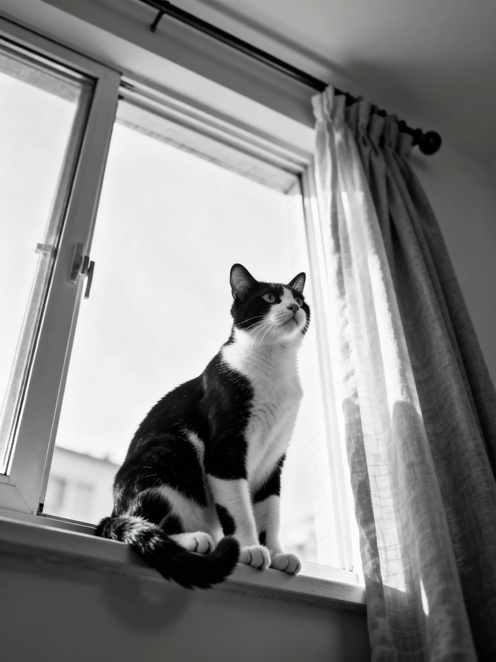 A black and white cat sits on a sunlit windowsill