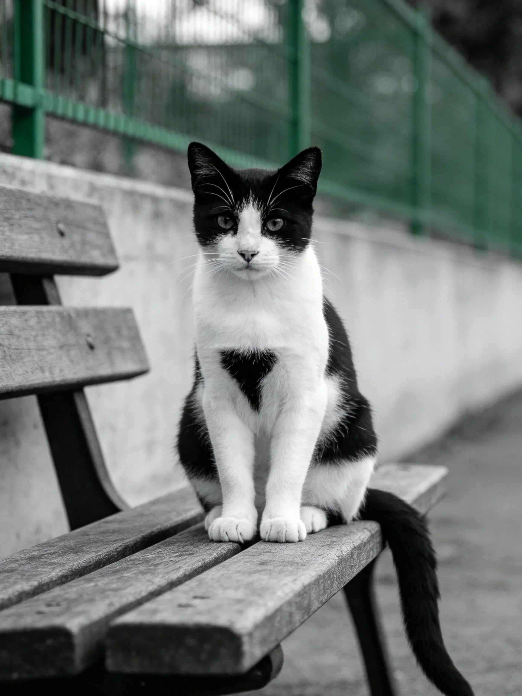 A black and white cat sits on a weathered wooden bench near a green fence