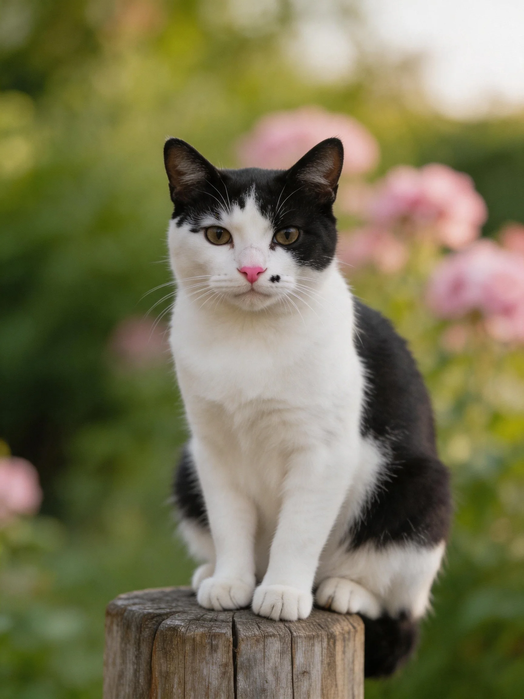 A black-and-white cat sits on a weathered wooden post near pink flowers
