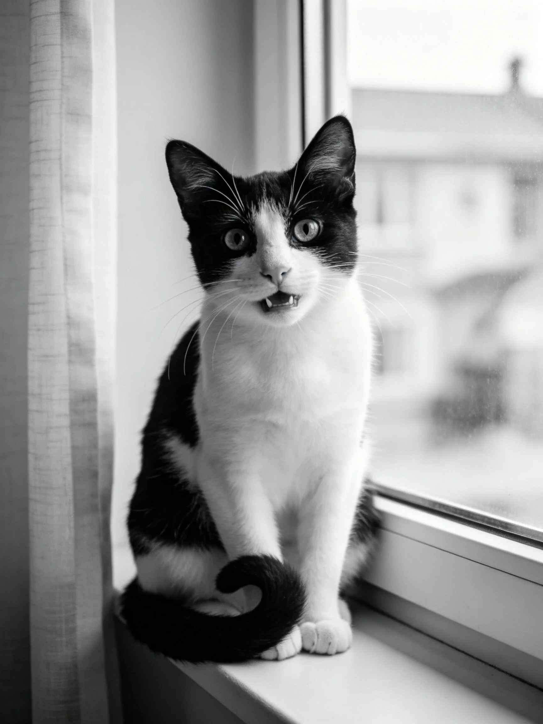 A black - and - white cat sits on a windowsill with wide eyes