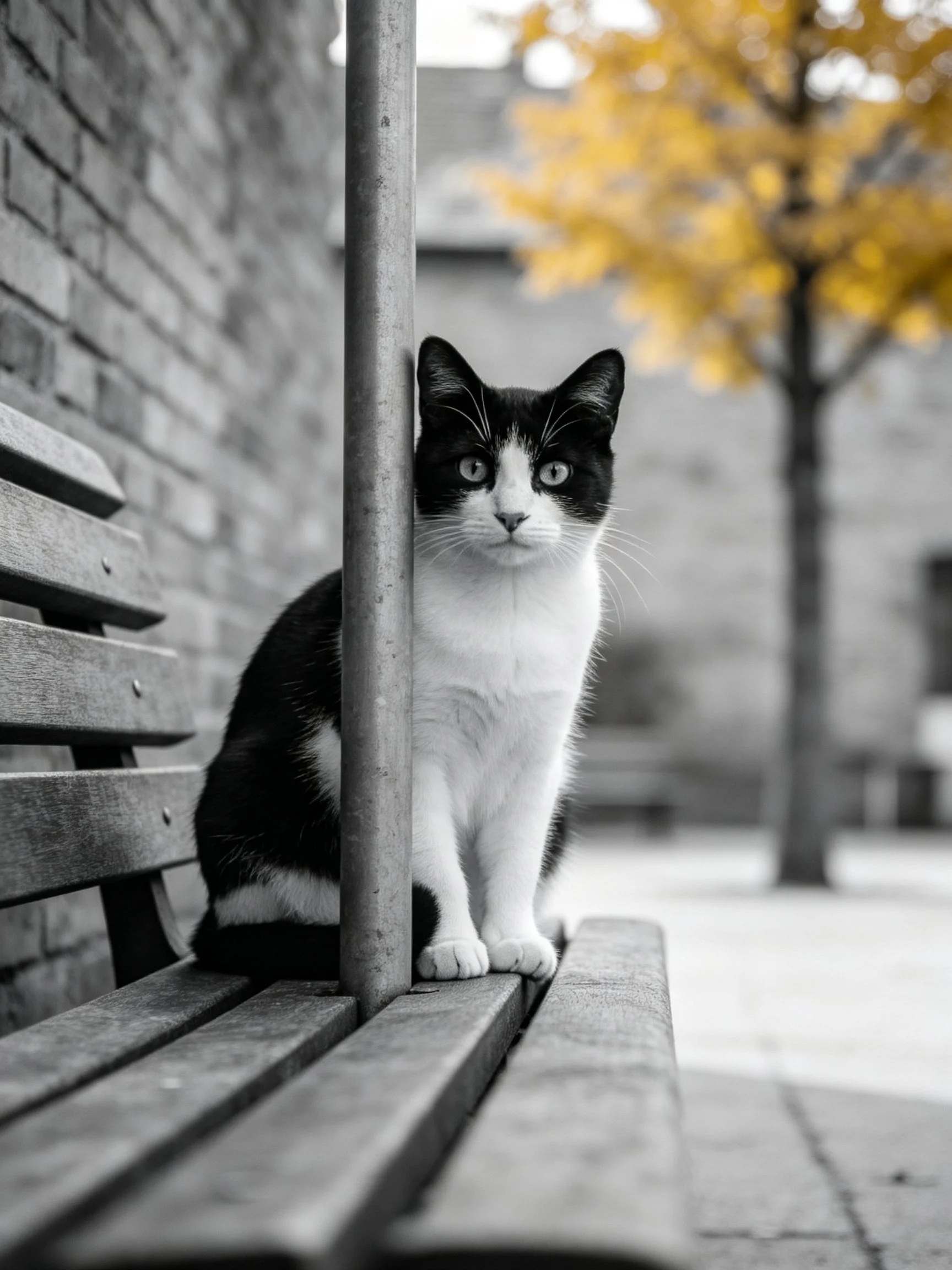 A black - and - white cat sits on a wooden bench near a brick wall
