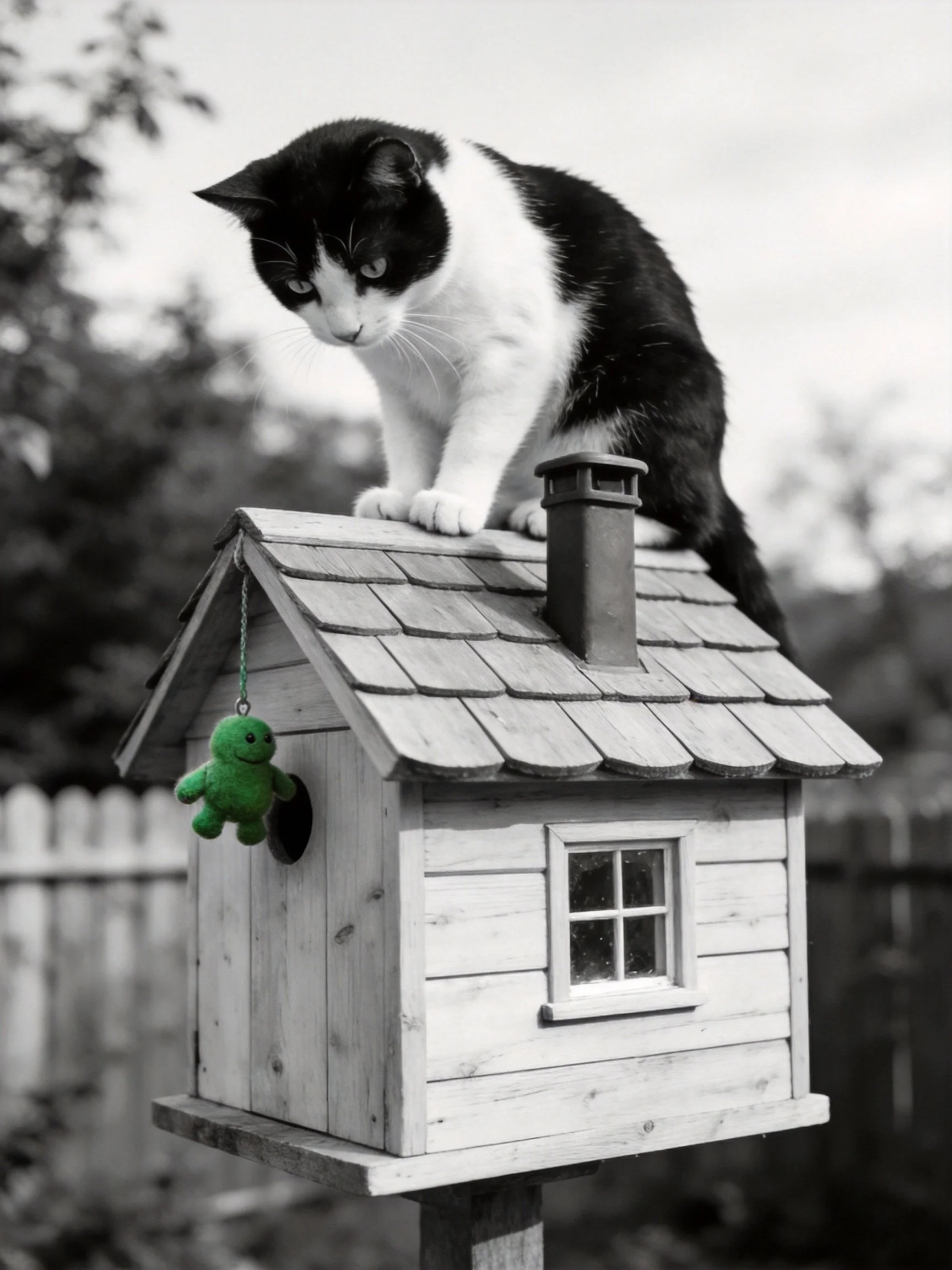 A black - and - white cat sits on a wooden birdhouse with a green hanging toy