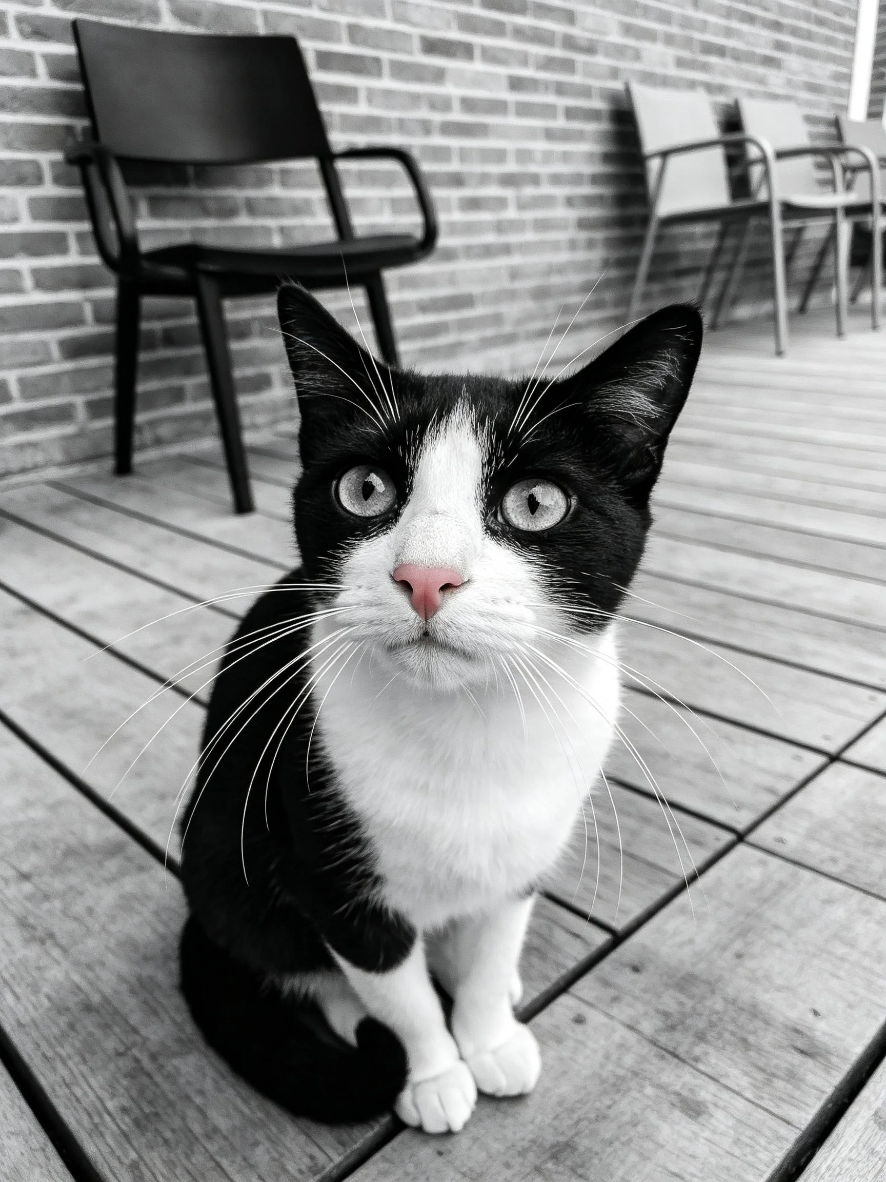A black and white cat sits on a wooden deck near chairs by a brick wall