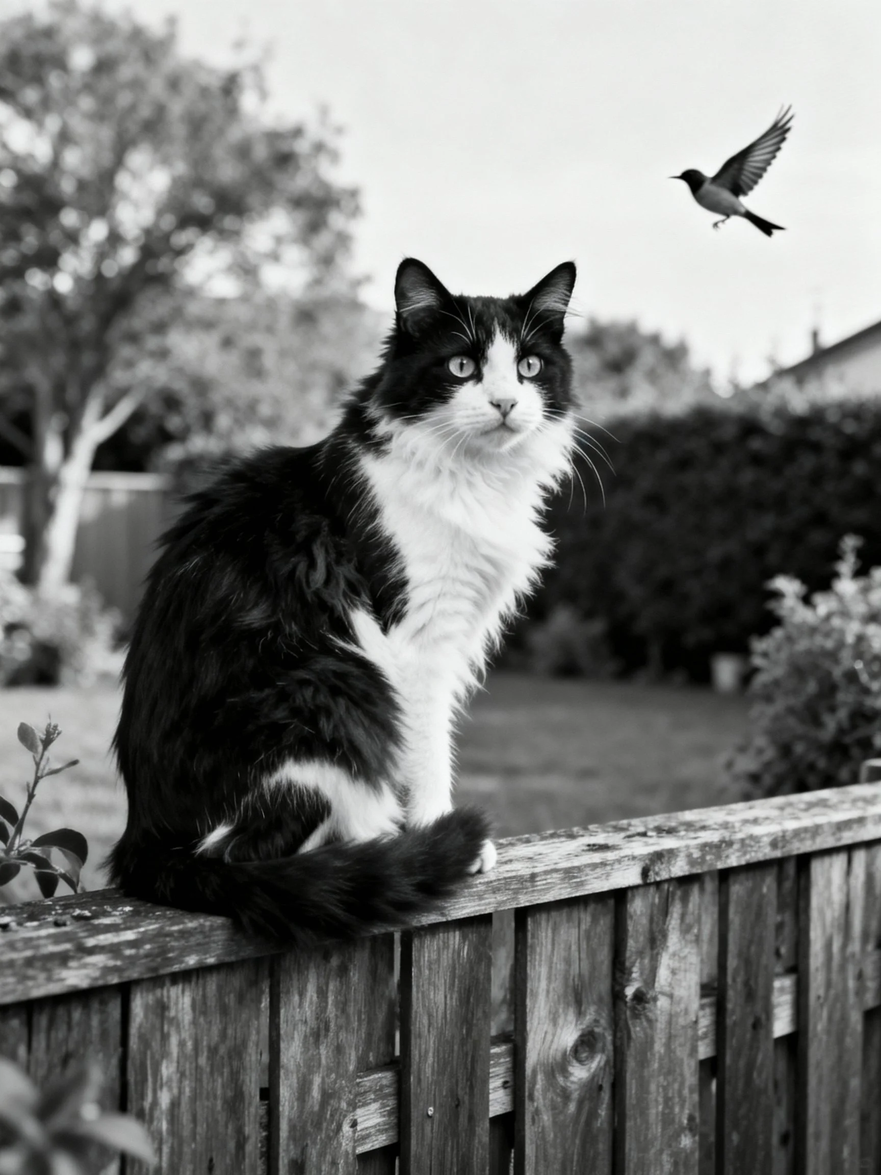 A black - and - white cat sits on a wooden fence near a flying bird
