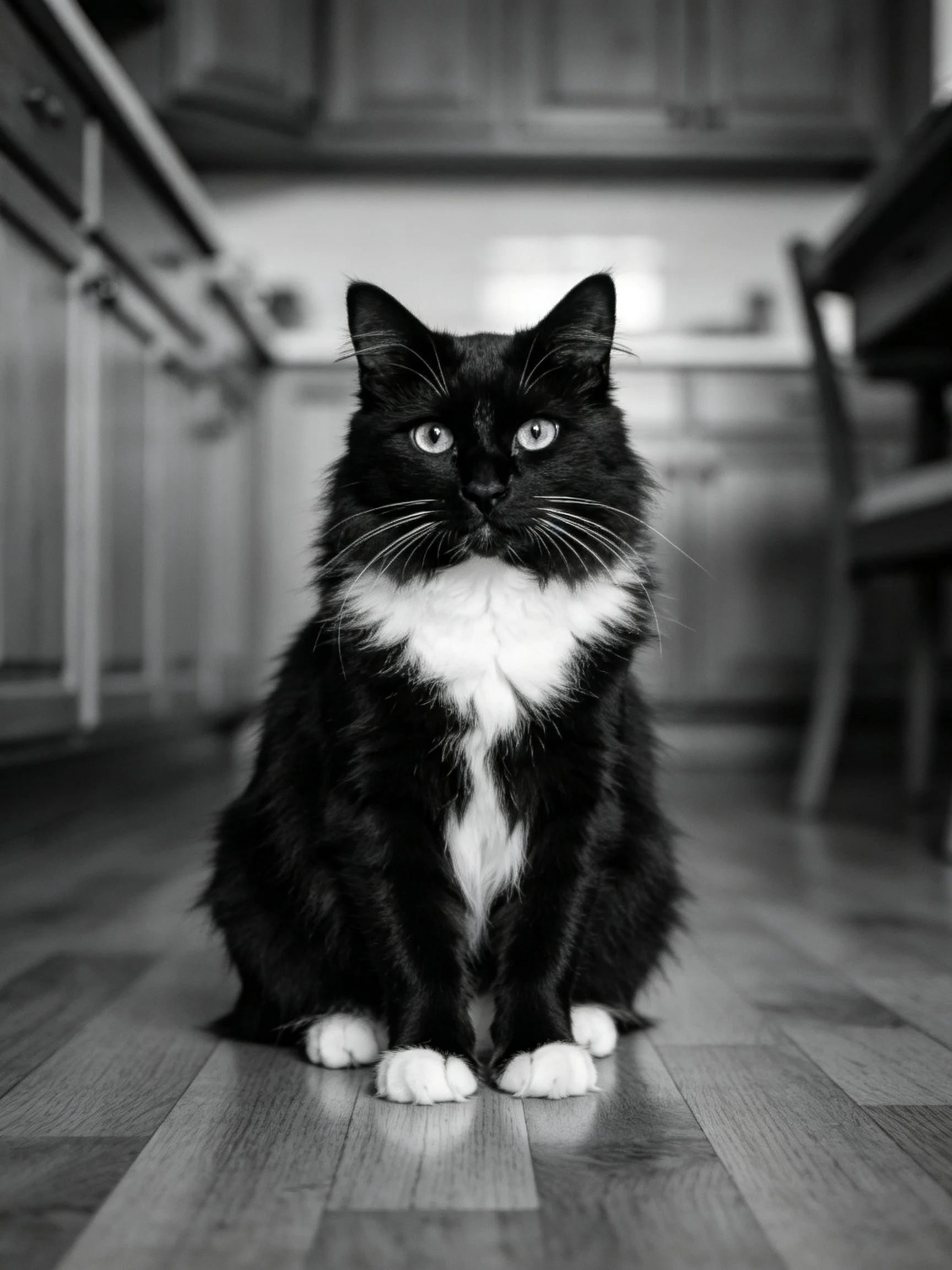 A black and white cat sits on a wooden kitchen floor